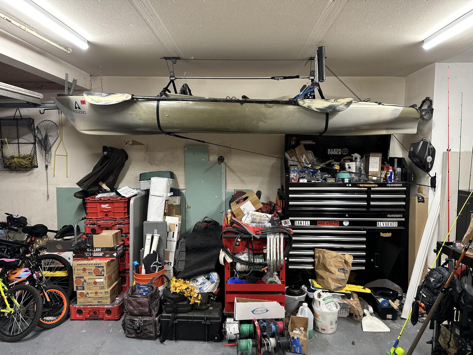 StoreYourBoard Kayak and Canoe Ceiling Hoist - Overhead Garage Storage Rack for Kayaks, Canoes, and Paddle Gear - Heavy Duty Pulley System Indoor Ceiling Mount customer photo 1