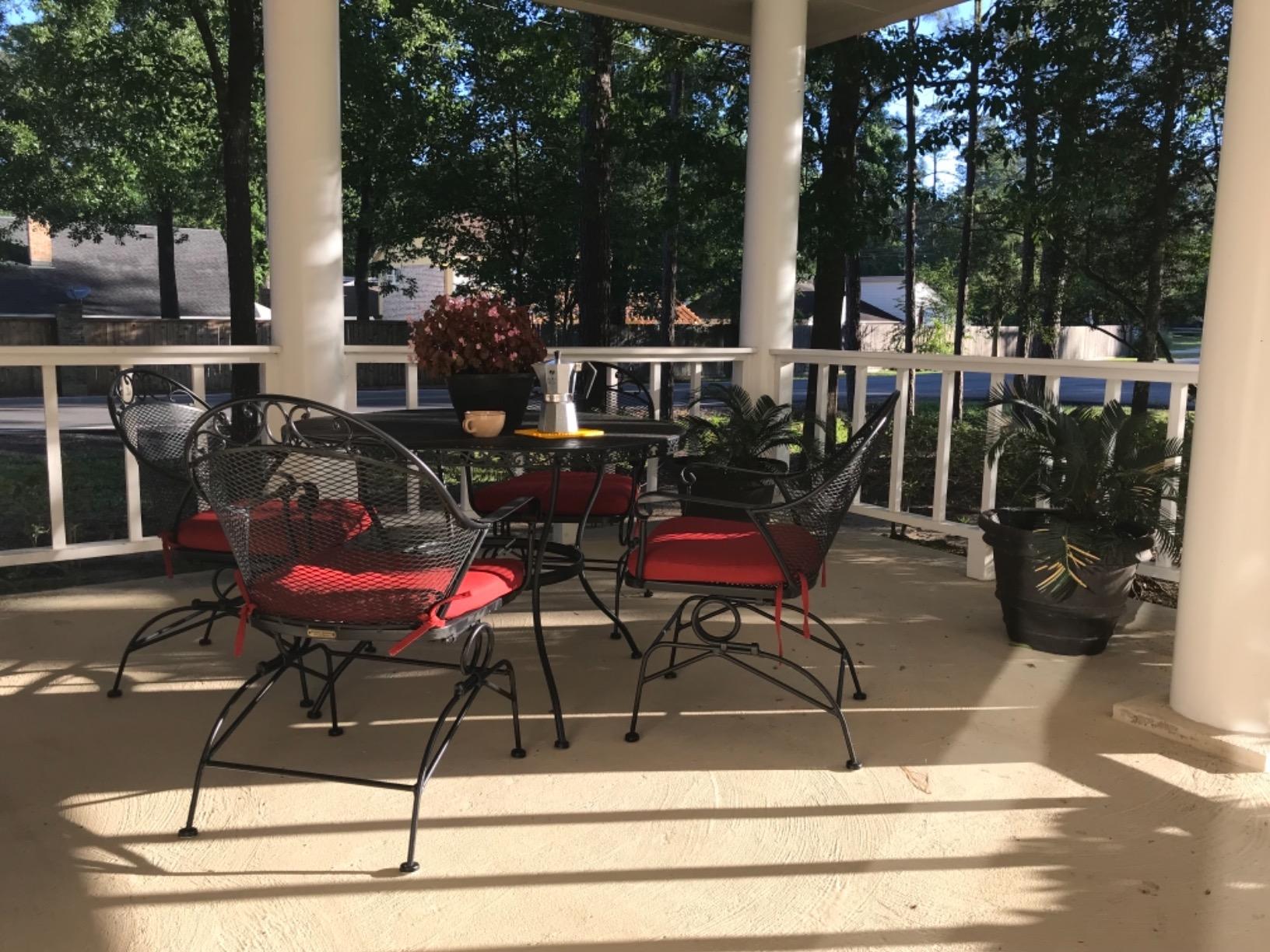 Better Homes and Gardens Clayton Court 5-piece Patio Dining Set, Wrought Iron Table and 4 Chairs, Red Cushions, Seats 4 customer photo 1