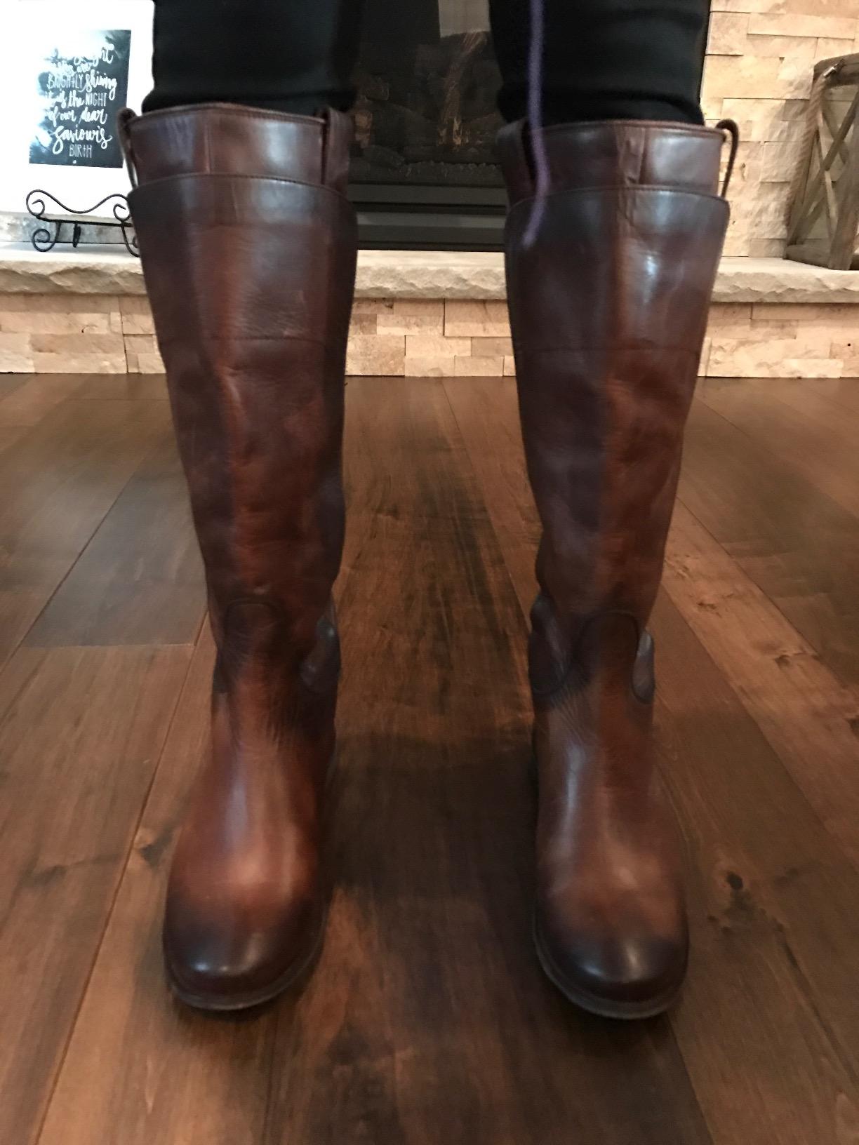 Frye Paige Tall Riding Boots for Women Made from Antiqued Italian Leather with Overlapping Front Panels, Stacked Leather Heel, and Leather Outsole - 16