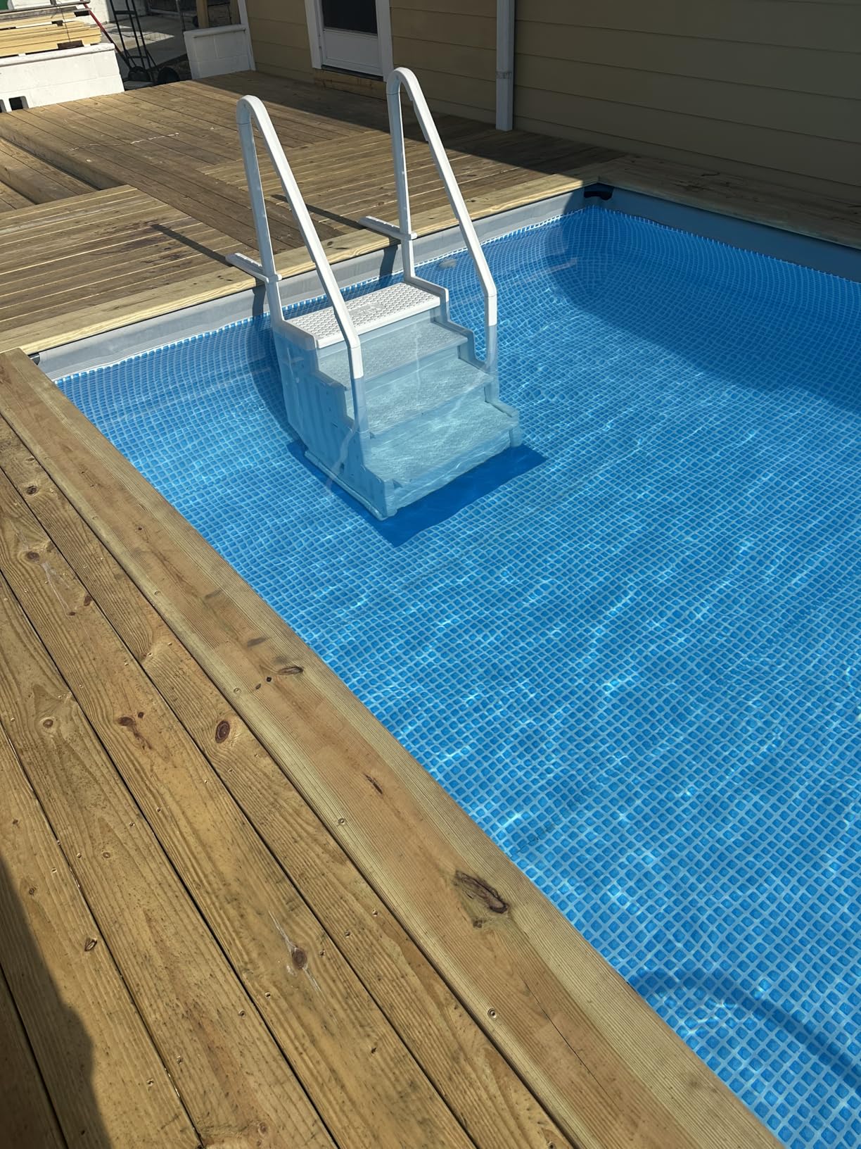 Blue Wave Easy Pool Steps - Anti-Slip Above Ground Pool Ladder - Fits 48-54-in Above Ground Pools, 350-lb Capacity - Wide Stairs with Handles and Deck Mounting Brackets, White Vinyl customer photo 1