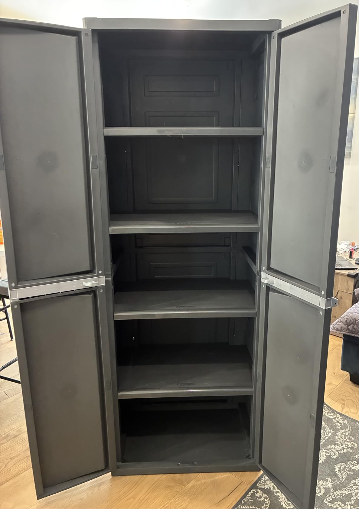 Sterilite 4 Shelf Cabinet, Heavy Duty and Easy to Assemble Plastic Storage Unit, Organize Bins in the Garage, Basement, Attic, Mudroom, Gray, 1-pack customer photo 2