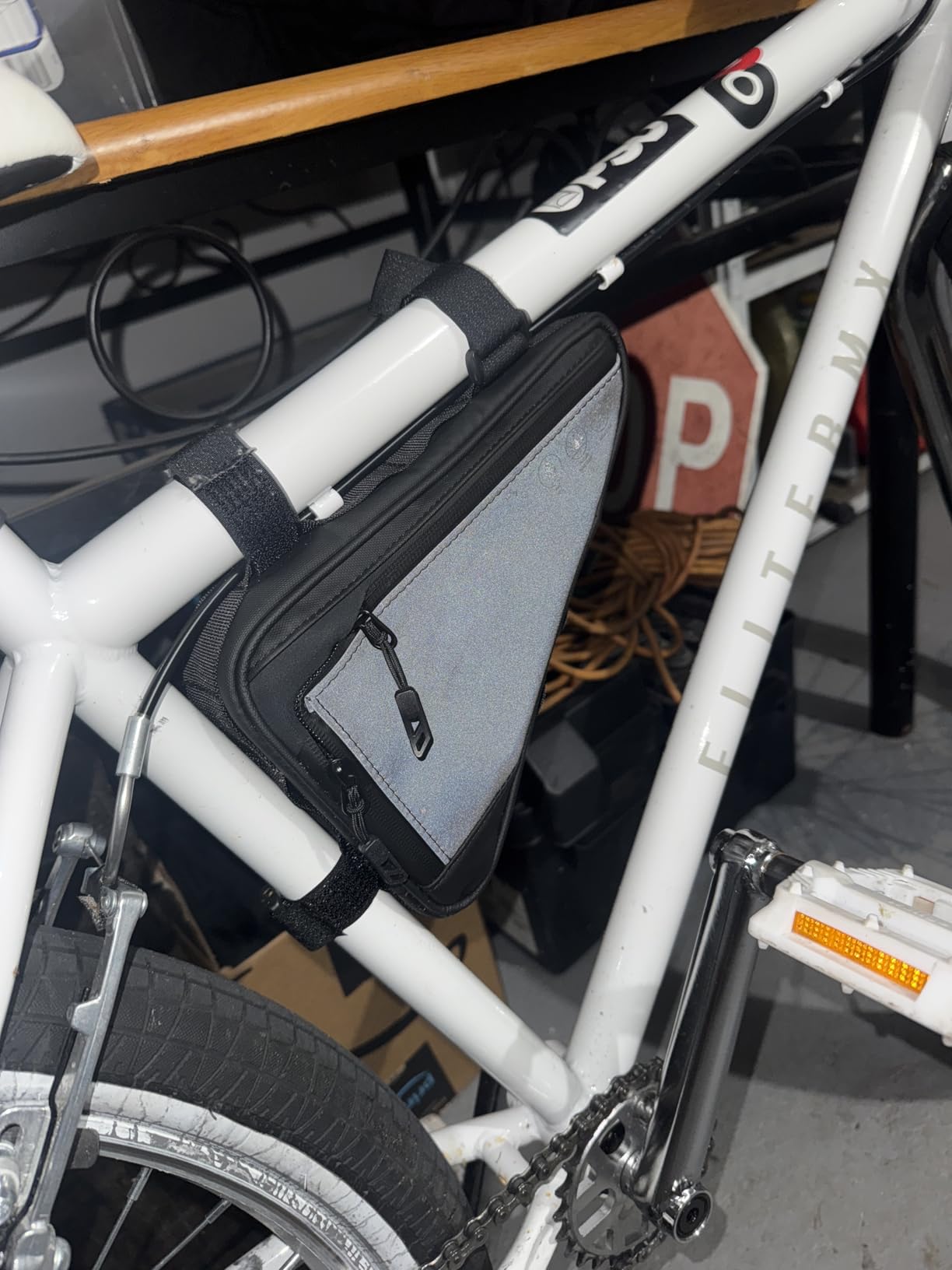 WOTOW Bike Frame Storage Bag, Water Resistant Reflective Bicycle Triangle Bag with Two Side Pockets, Strap-On Under Seat Tool Accessories Pouch for Mountain Road Bike Trip (2L) customer photo 2