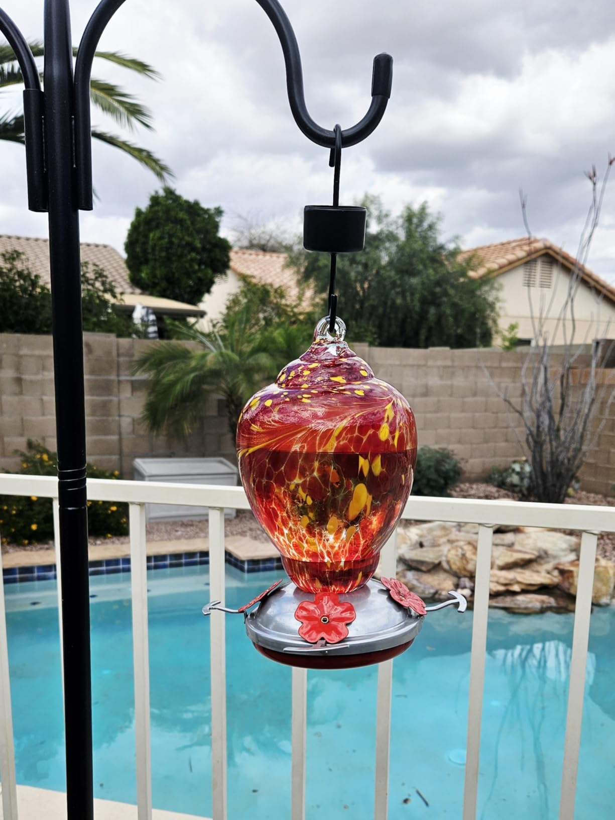 WOSIBO Hummingbird Feeder for Outdoors Patio Large 32 Ounces Colorful Hand Blown Glass Hummingbird Feeder with Ant Moat Hanging Hook, Rope, Brush and Service Card (RED-Firework) customer photo 2