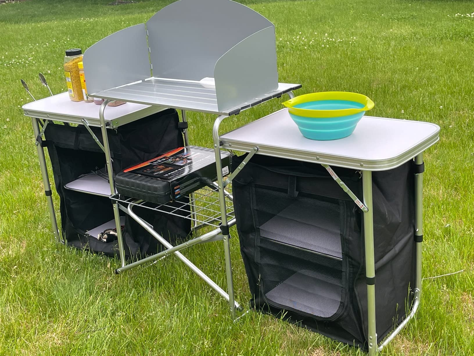Goplus Folding Camping Kitchen Table with Storage, Aluminum Portable Outdoor Cooking Table with Windscreen customer photo 2
