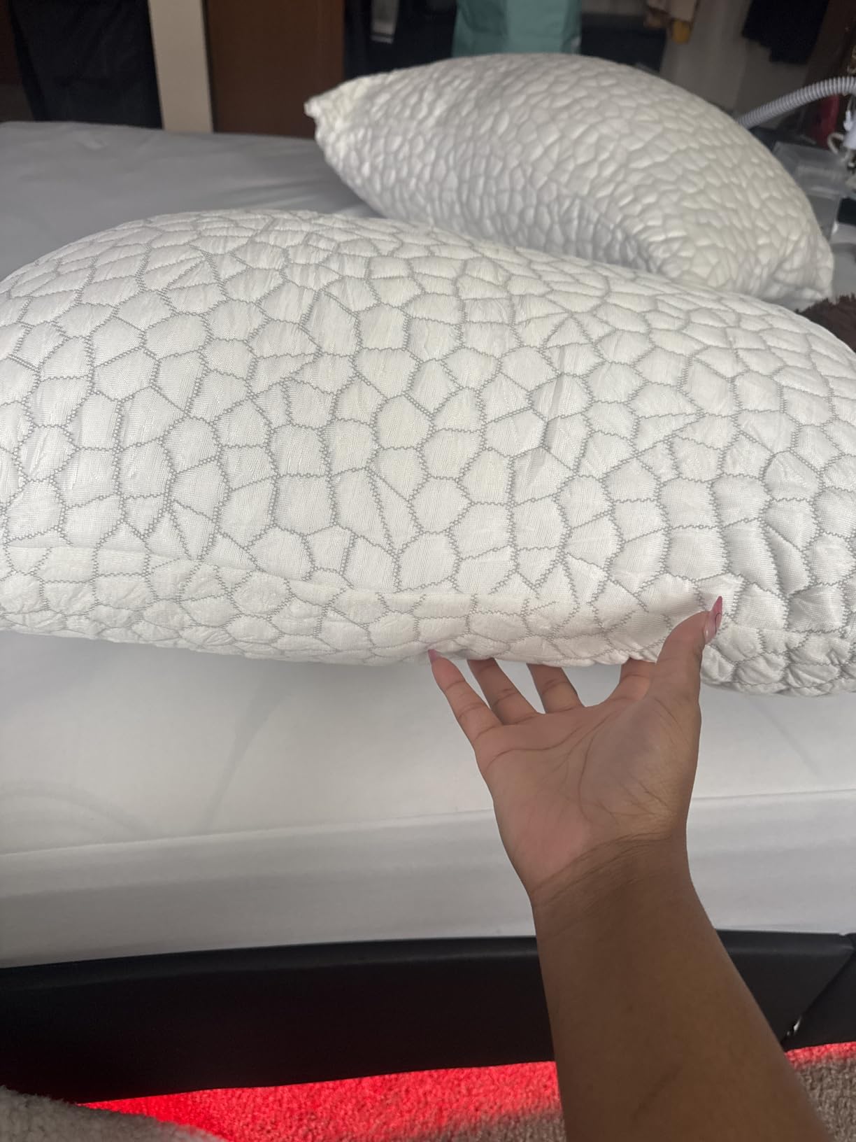 QUTOOL Cooling Pillow for Sleeping, CertiPUR-US Shredded Memory Foam Standard Pillow Set of 1, Cool Pillow for Hot Sleepers Adjustable Firm Pillow for Side, Back, Stomach Sleepers Soft Yet Support, White customer photo 1