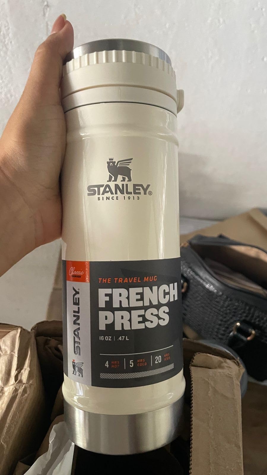 STANLEY Travel Mug with Integrated French Press 16 oz | 5 Minute Brew, 4 Hours Hot, Leakproof Lid | Mesh Filter for Coffee Grounds | Insulated Stainless Steel Coffee Maker | BPA-Free | Cream Gloss customer photo 2