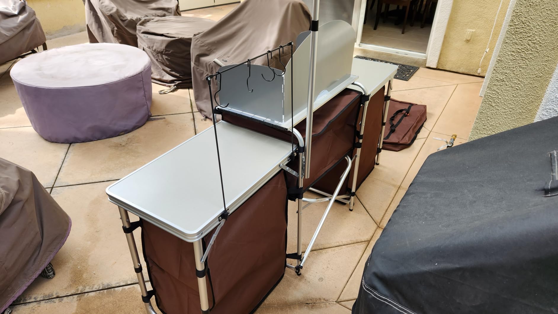 VEVOR Camping Kitchen Table, Folding Outdoor Cooking Table with Storage Carrying Bag, Aluminum Cook Station 3 Cupboard & Detachable Windscreen (Brown) customer photo 2