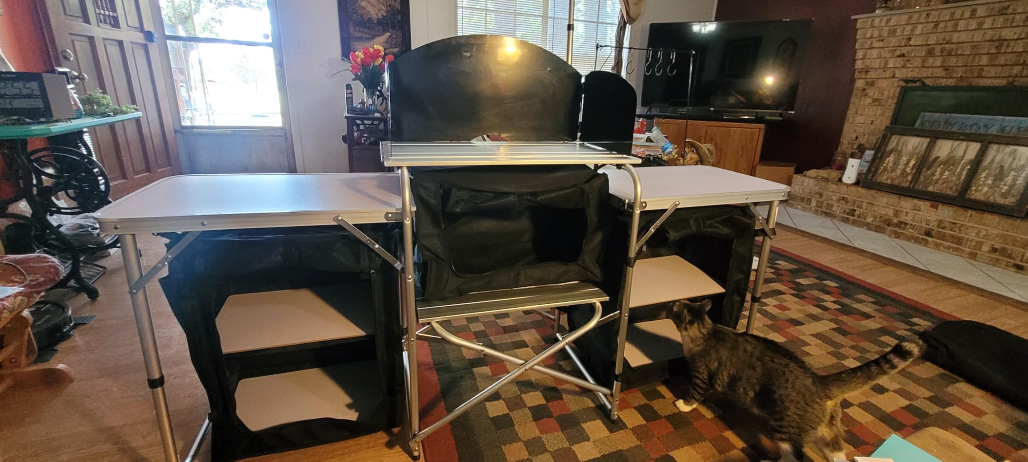 Outsunny Camping Kitchen Table, Portable Folding Camp Kitchen, Aluminum Cook Station with 3 Fabric Cupboards, Windshield, Carrying Bag (Black) customer photo 1