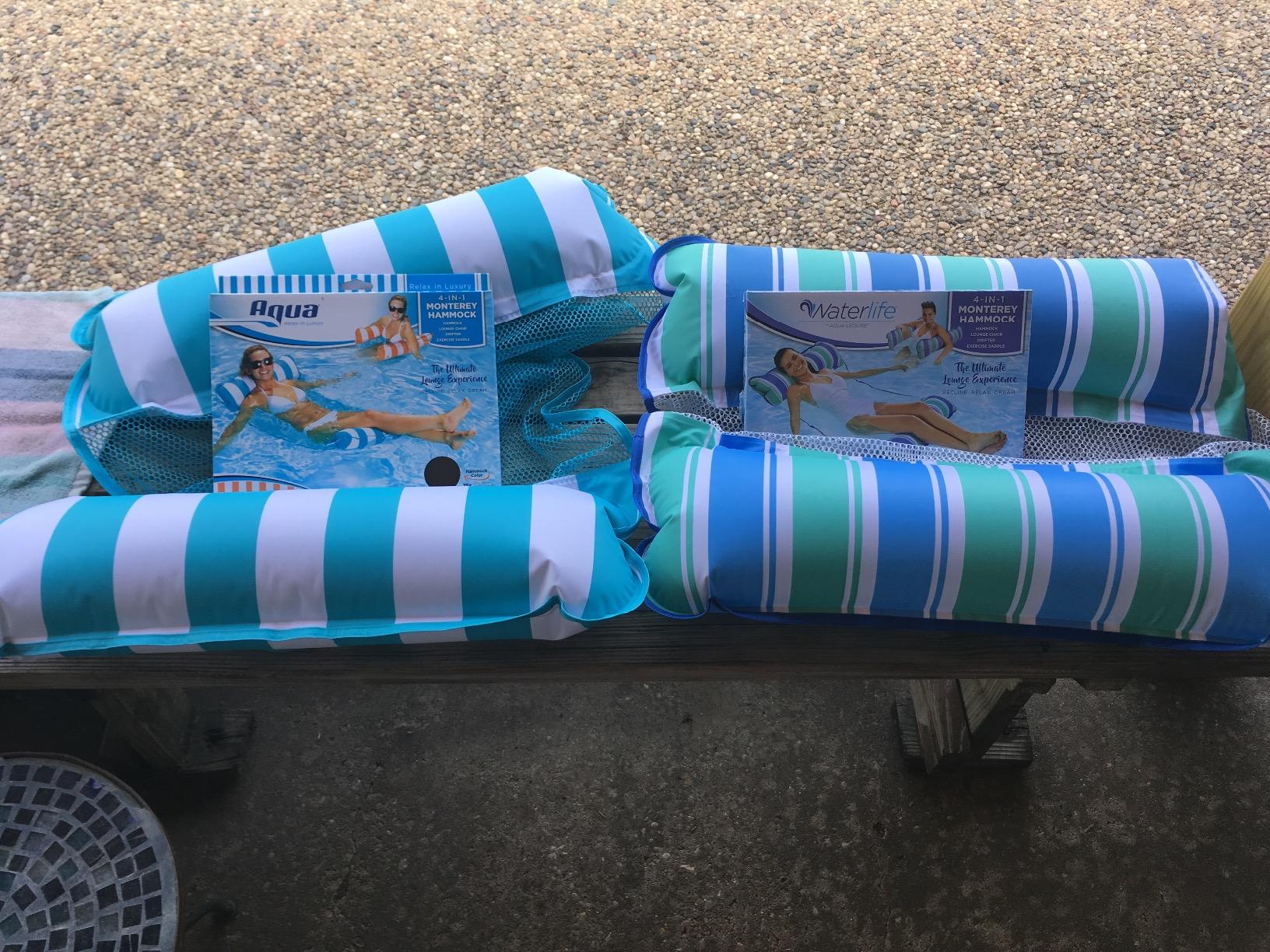 Aqua 4-in-1 Monterey Hammock Pool Float & Water Hammock, Multi-Purpose, Inflatable Pool Floats for Adults, Patented Thick, Non-Stick PVC Material, One Light Blue & One Navy/White Stripe, 2-Pack customer photo 1