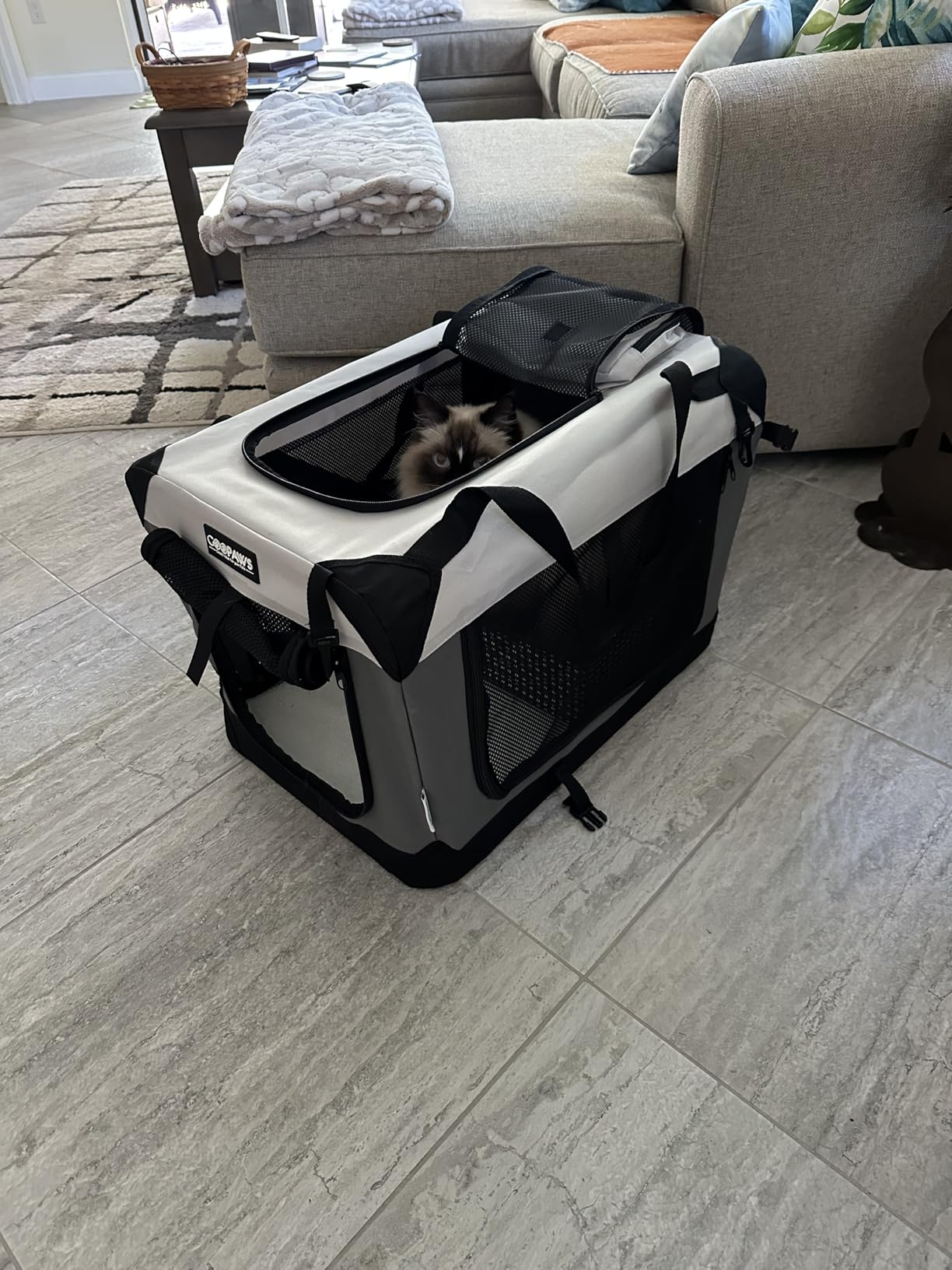JESPET Soft Dog Crates Kennel for Pets, 3 Door Soft Sided Folding Travel Pet Carrier with Straps and Fleece Mat for Dogs, Cats(7-Light Grey, Small(24