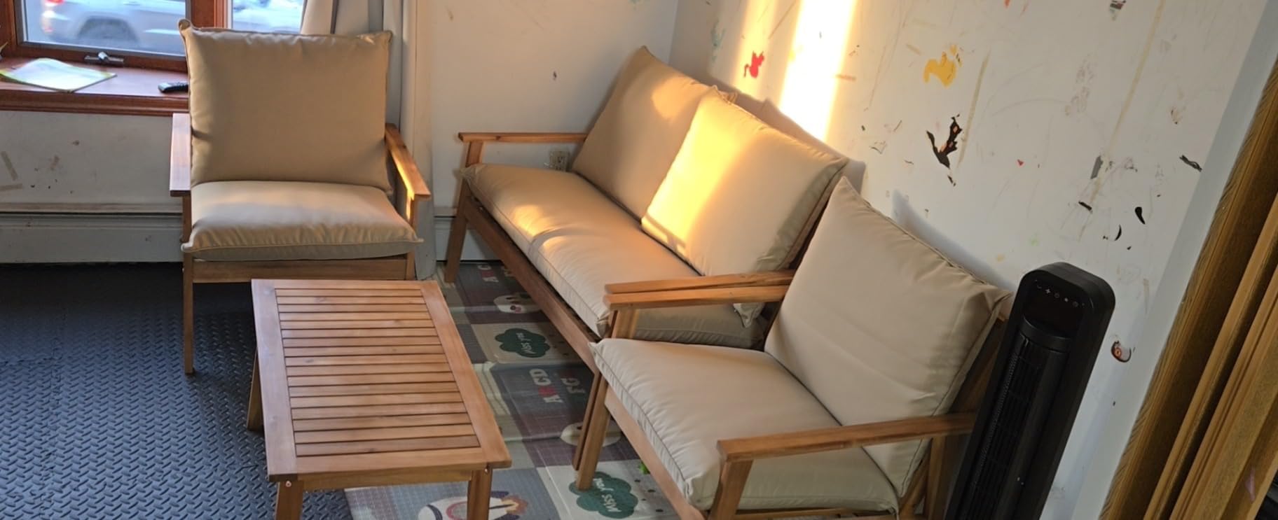 Tangkula 4 Pieces Patio Furniture Set, Outdoor Acacia Wood Conversation Set with Soft Cushions and Coffee Table, Outdoor Sectional Sofa Set for Lawn, Garden, Backyard and Poolside customer photo 2