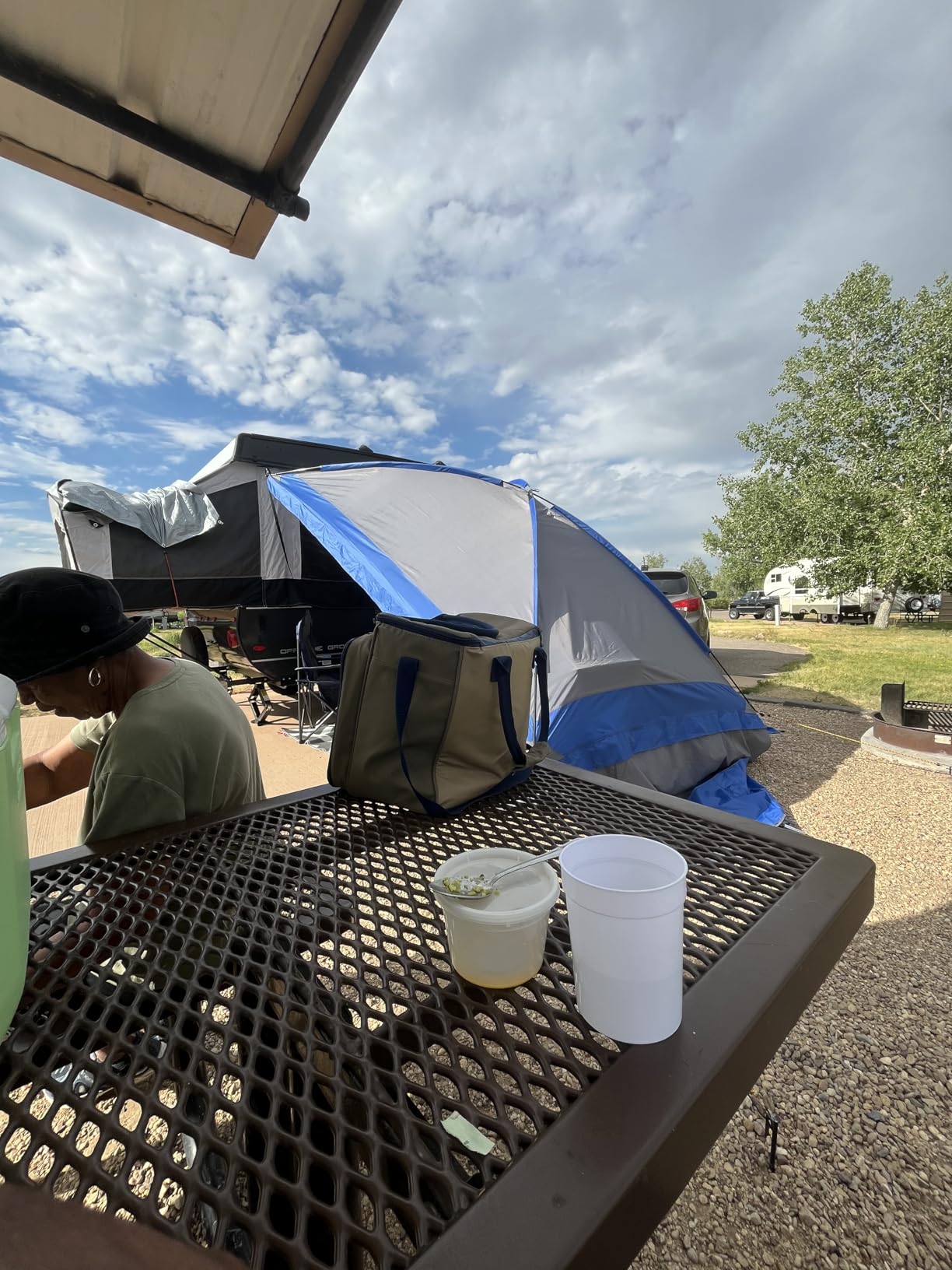 JOYTUTUS Versatile Vehicle Awning with 3 Removable Sides, Large Car Awning 11.5FT * 7.9FT, UV50+ and Waterproof PU2000mm Truck Canopy, SUV Camping Sunshade with 8 Storage Pockets, Gray Blue customer photo 1