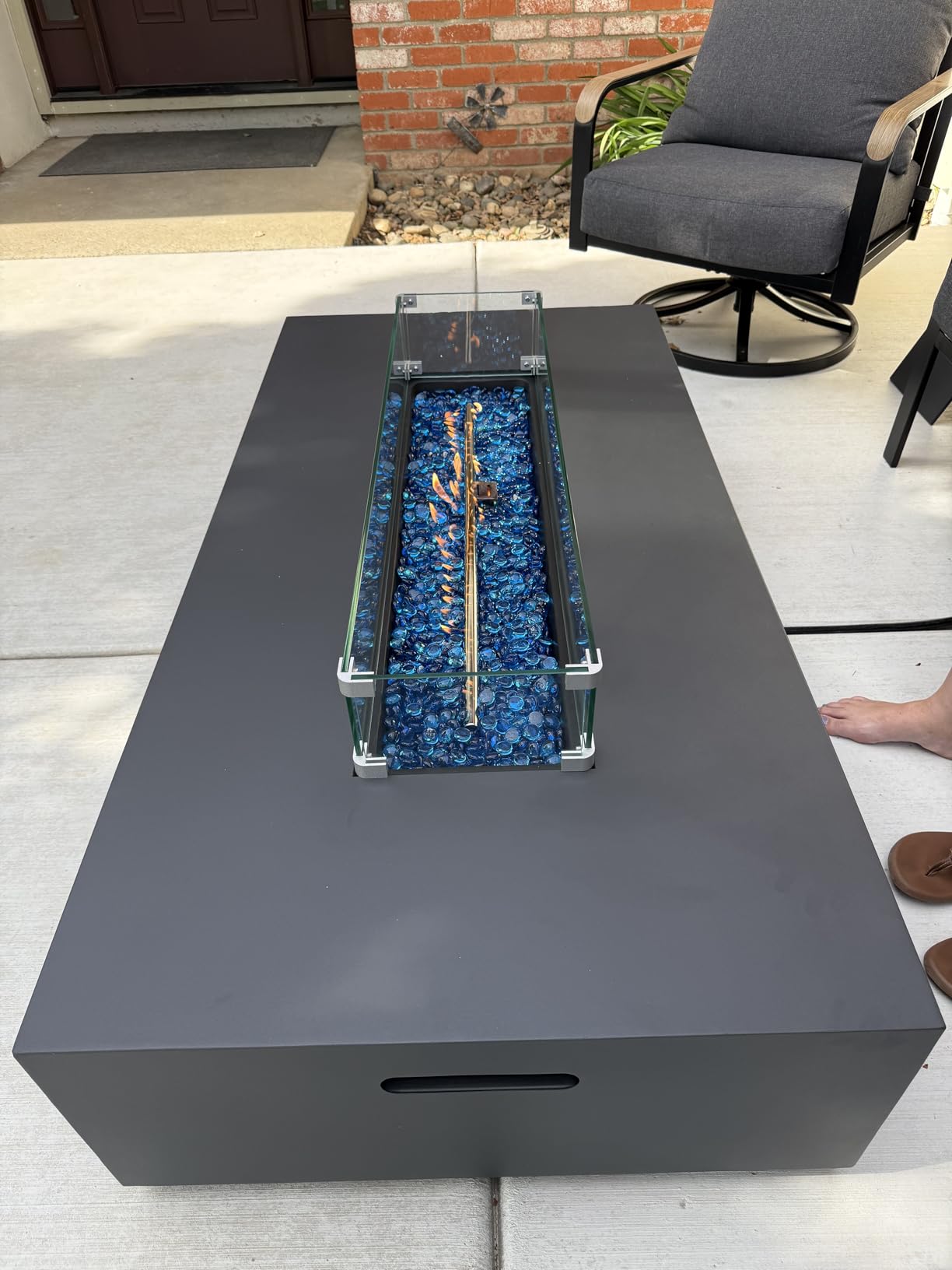 UPHA 56-inch Outdoor Propane Gas Fire Pit Table 50000 BTU Iron Rectangle Firepit for Outside Patio with Tank Hidden Table, Wind Guard, Removable Lid, Blue Glass Rocks, Rain Cover customer photo 2