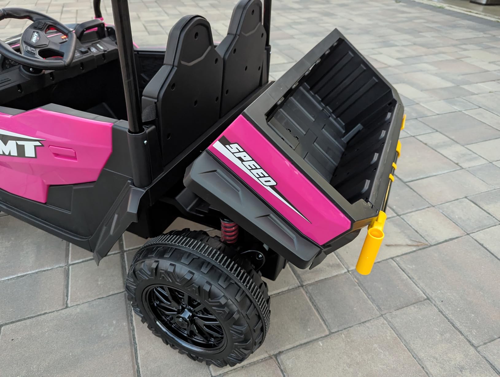 ELEMARA 24V Ride on Toy for Big Kid, Ride on Car 2 Seater w/Sun Shade, Dump Bed & Shovel, 4.5MPH, 4WD Electric Car for Kids, Battery Car w/Remote, Kids Ride on Truck, 3 Speeds, LED Lights, Bluetooth, Hot Pink customer photo 1