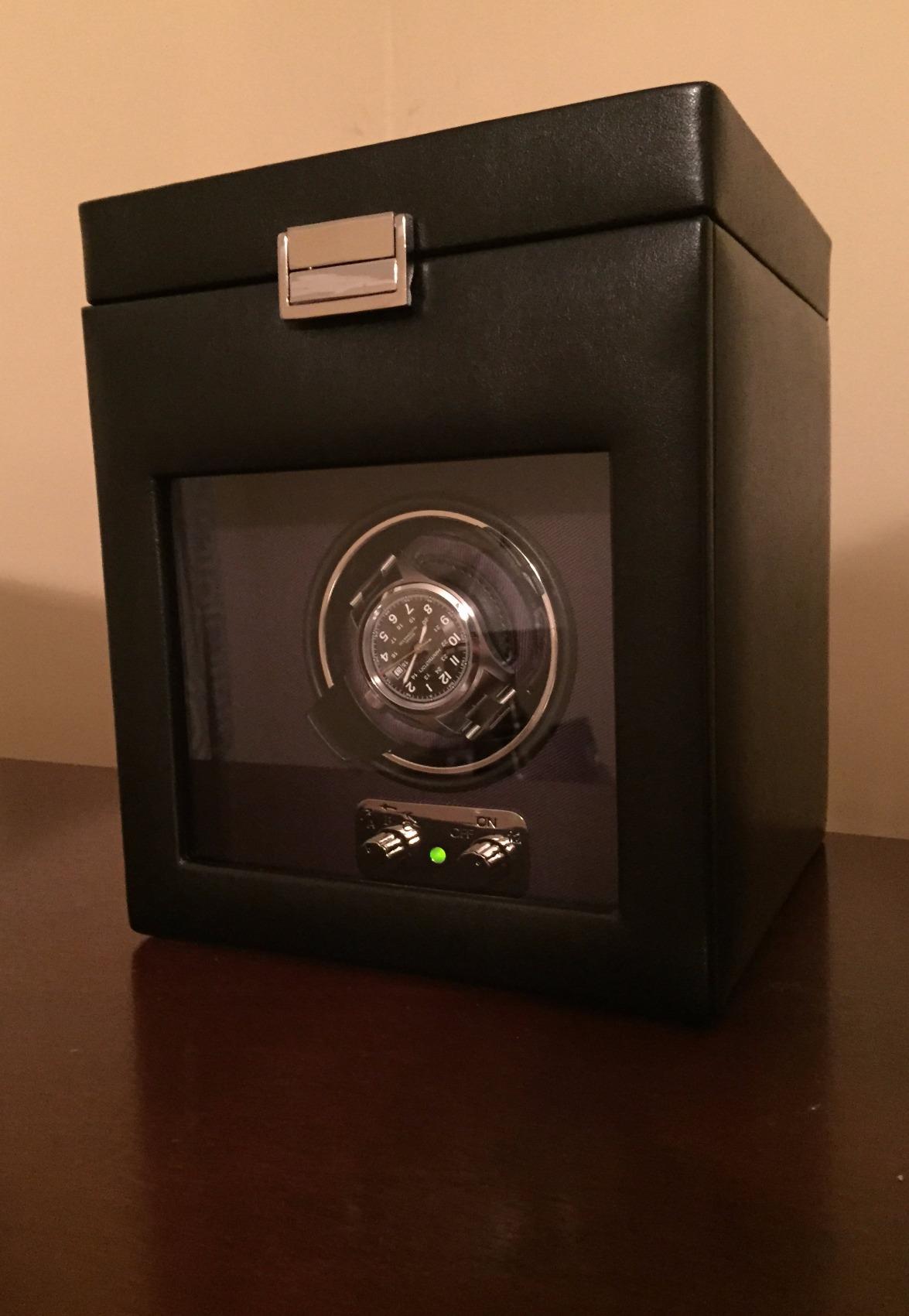 WOLF Heritage Double Winder with Storage, Black - Secure Fit with Patented Lock-In Dynamic Cuff - For Bigger, Heavier Watches - Vegan Leather & Glass Cover - Includes Universal Adapter customer photo 1