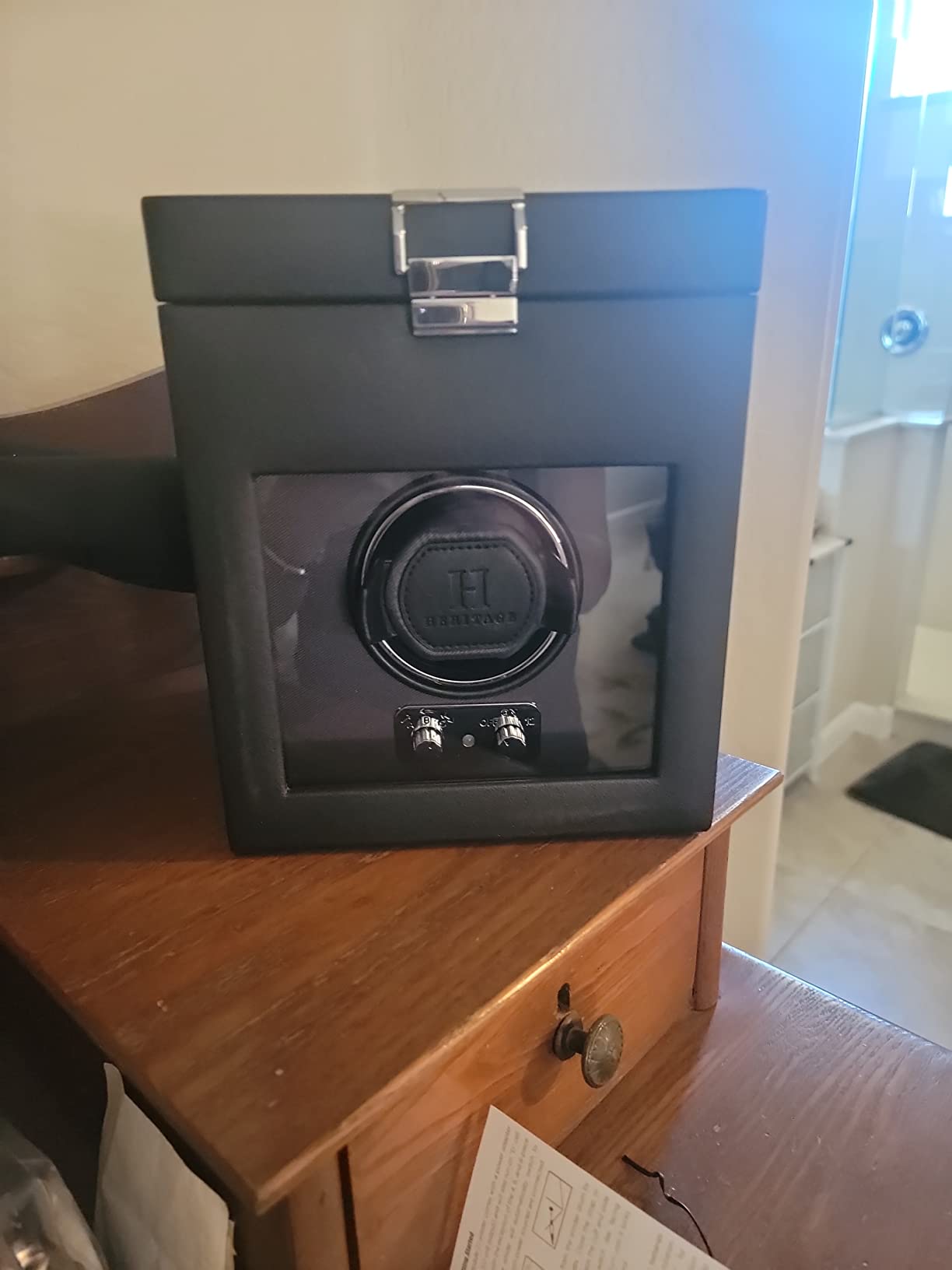 WOLF Heritage Double Winder with Storage, Black - Secure Fit with Patented Lock-In Dynamic Cuff - For Bigger, Heavier Watches - Vegan Leather & Glass Cover - Includes Universal Adapter customer photo 2