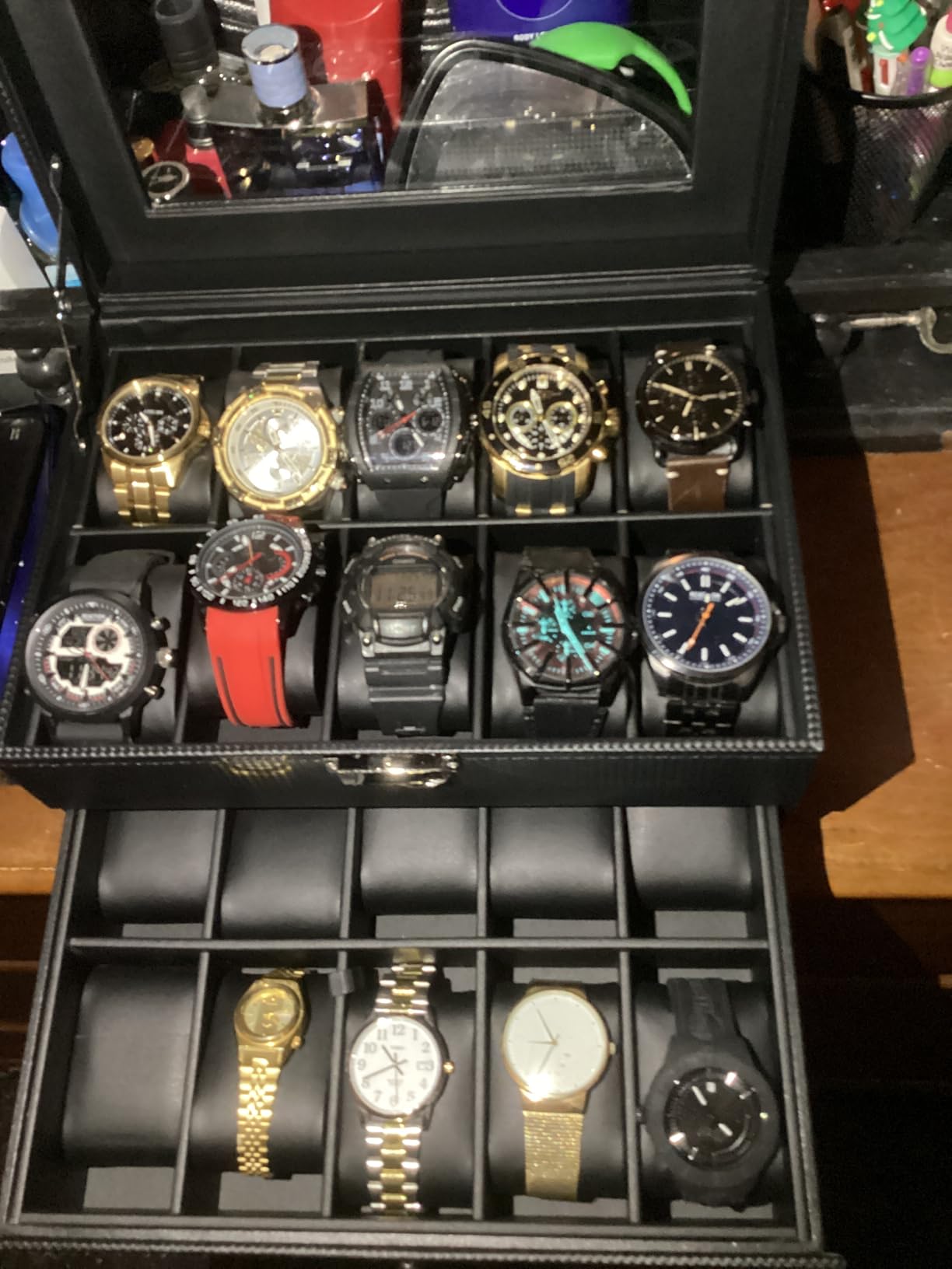 BEWISHOME Watch Case, 20-Slot Watch Box Organizer for Men Watch Case with Large Glass Lid Watch Travel Case Removable Watch Pillows, Mens Jewelry Box Watch Display Case, Black SSH04B customer photo 2