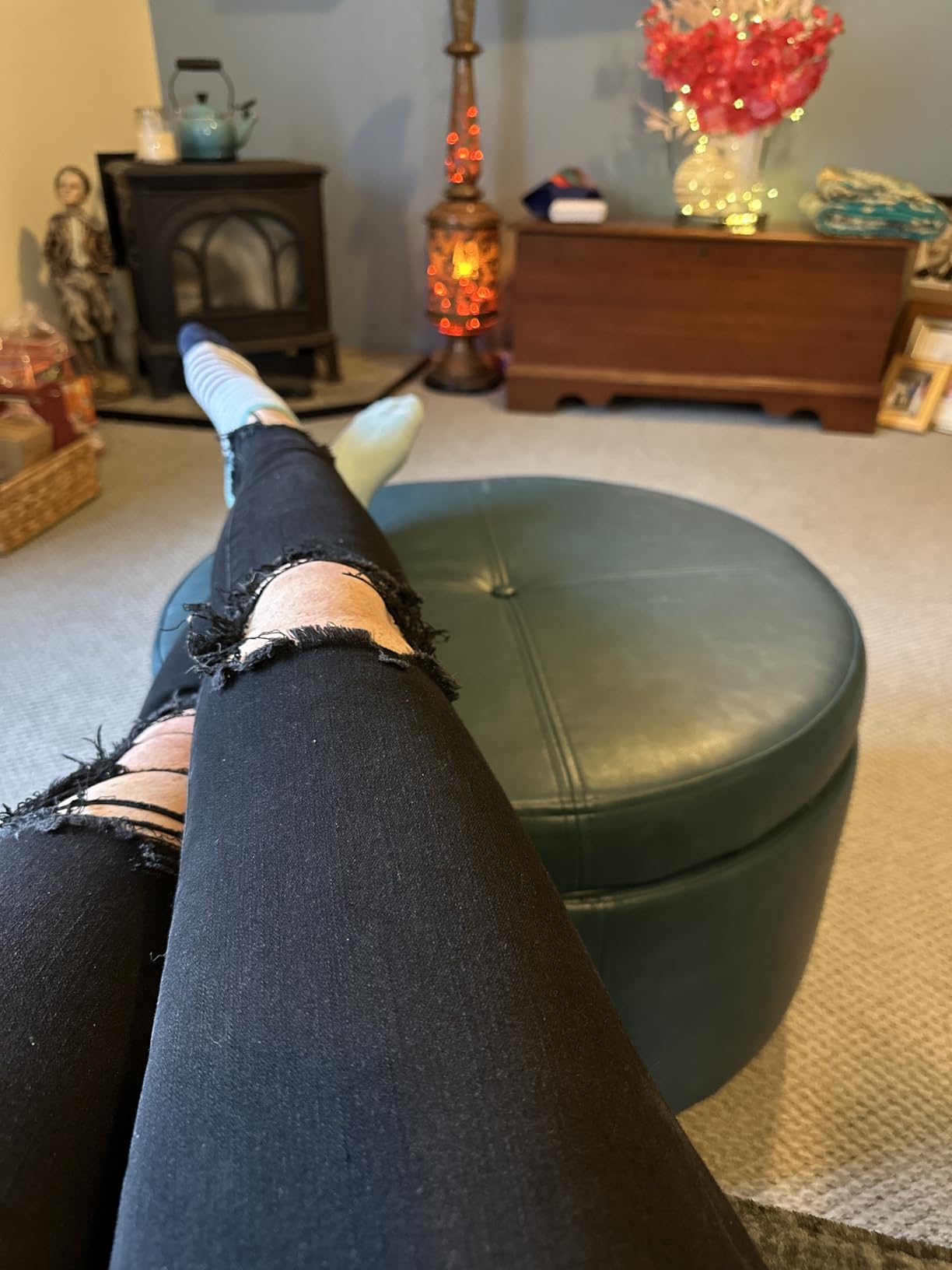 Homepop Home Decor | Upholstered Faux Leather Round Storage Ottoman | Ottoman with Storage for Living Room & Bedroom, Taupe Brown customer photo 1