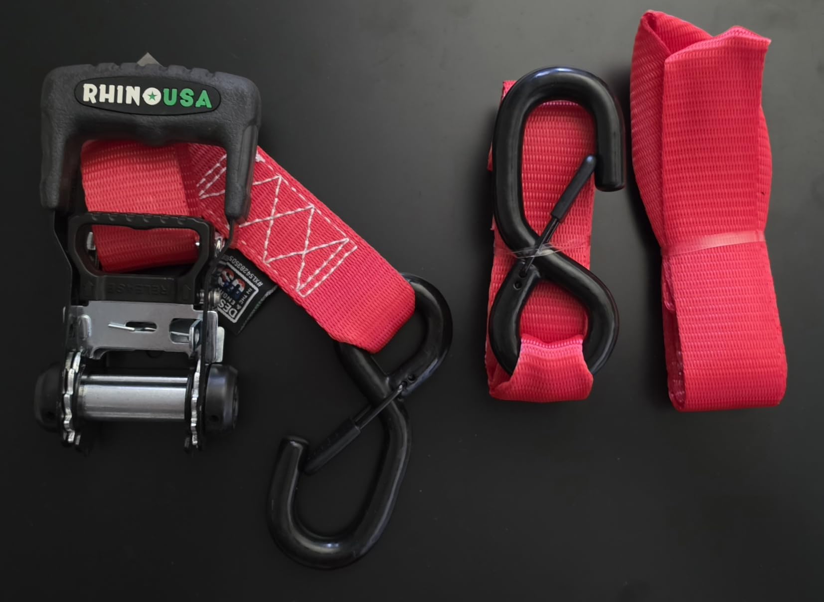 Rhino USA Heavy Duty Ratchet Tie Downs (4-Pack) - 1.6in x 8ft, 5,000lb | 5,000lb Break Strength. Manual Ratchet w/ Safety S Hooks & Soft Loops. For Trucks, ATV, UTV, Motorcycle & Cargo. Black customer photo 1