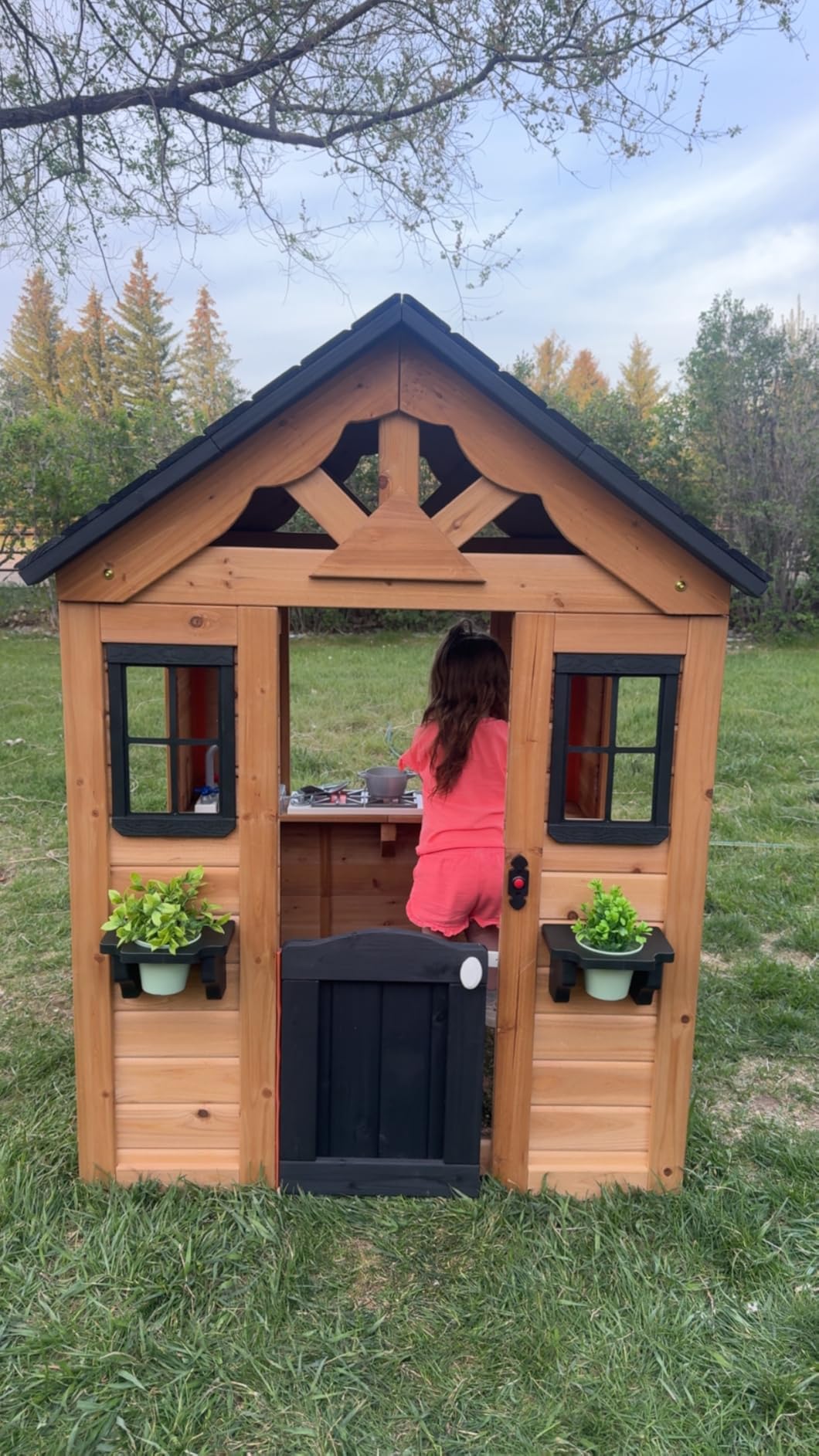 Backyard Discovery Sweetwater Cedar Wooden Kids Playhouse Cottage with Play Kitchen, Snack Bar, Half Door, Toy Phone, Windows, Flowerpot Holders, and Working Doorbell customer photo 1