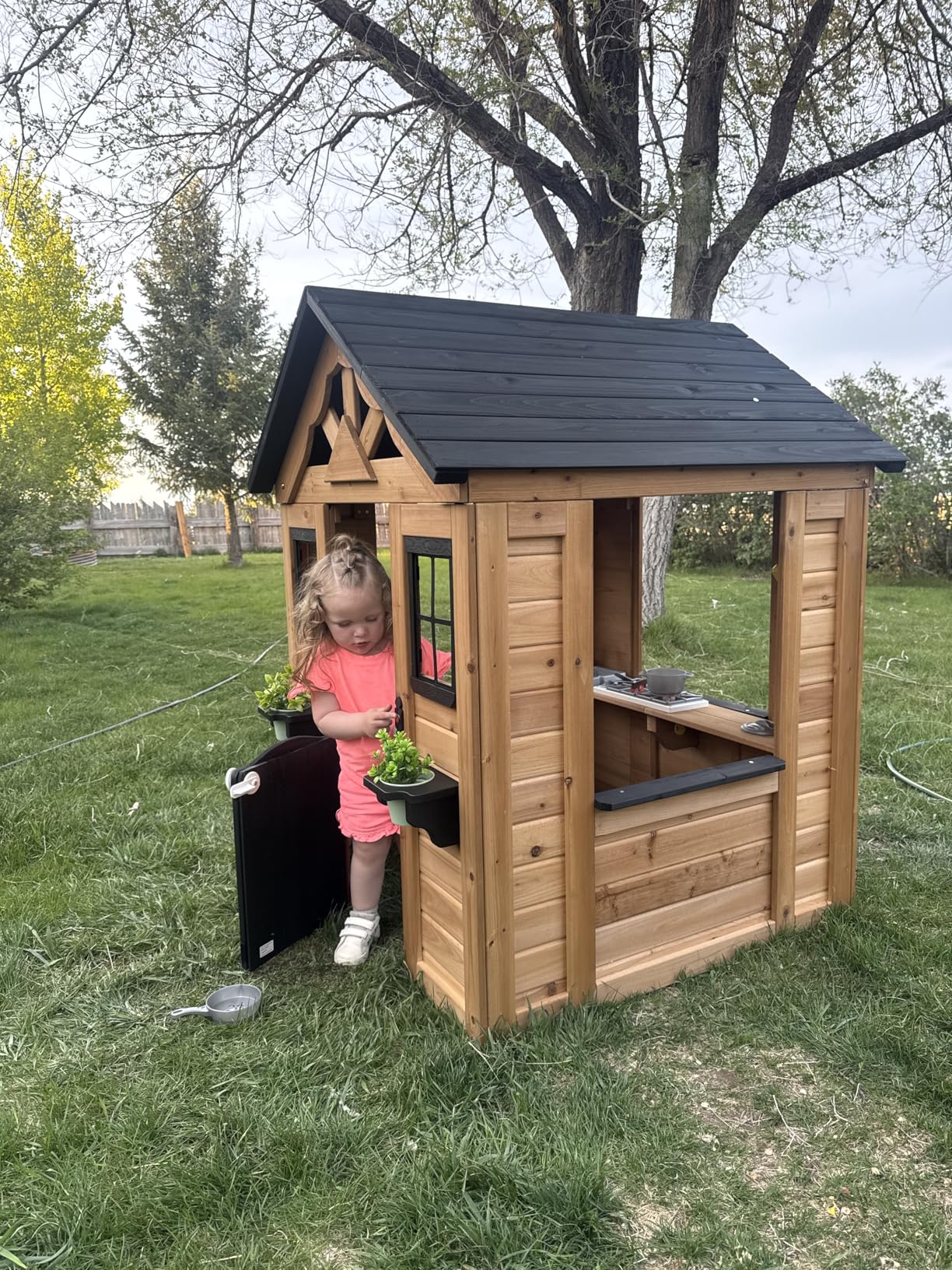 Backyard Discovery Sweetwater Cedar Wooden Kids Playhouse Cottage with Play Kitchen, Snack Bar, Half Door, Toy Phone, Windows, Flowerpot Holders, and Working Doorbell customer photo 2
