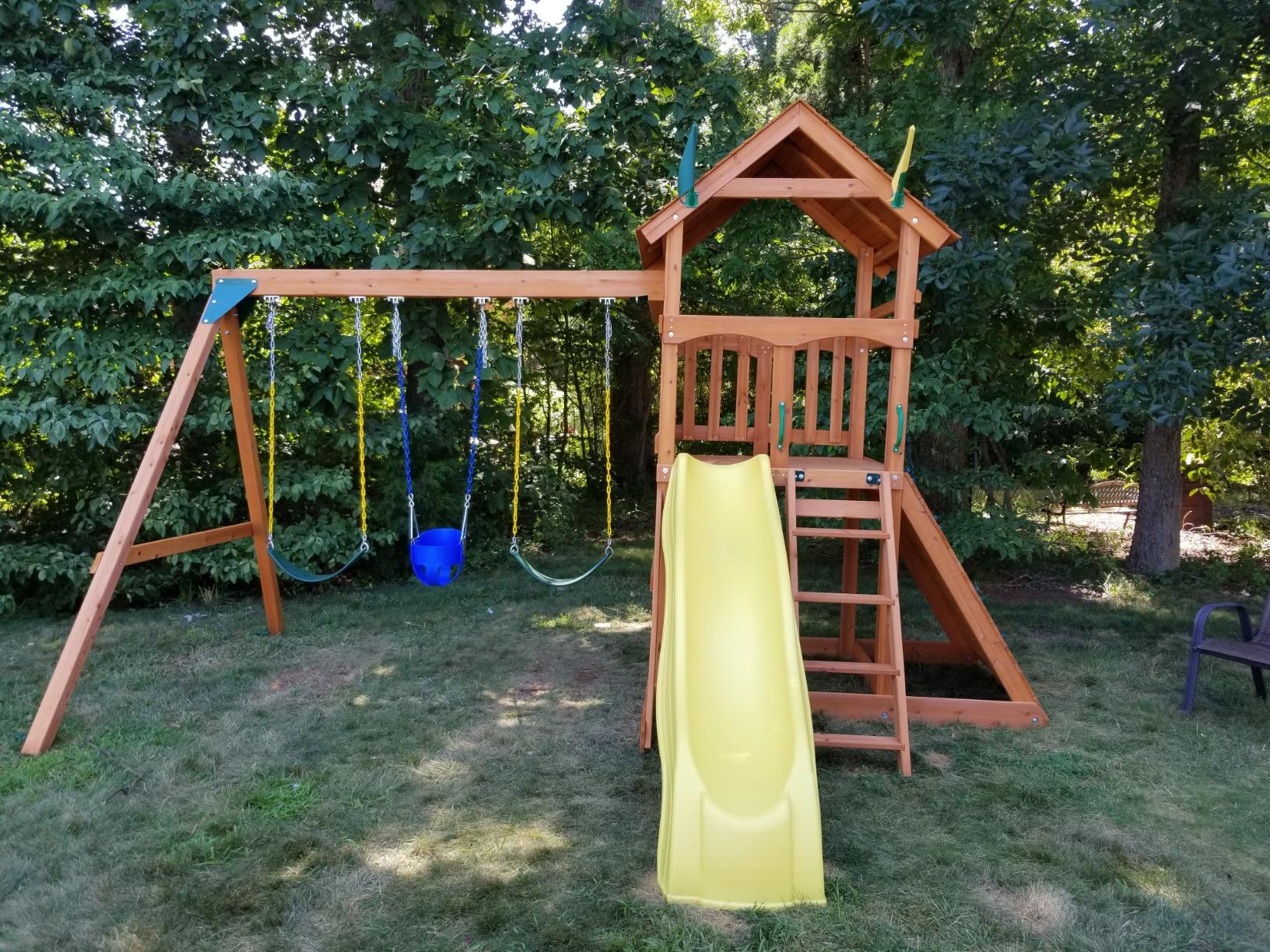 Gorilla Playsets 01-1063-Y Outing Wood Swing Set with Wood Roof & Yellow Slide, Amber customer photo 1