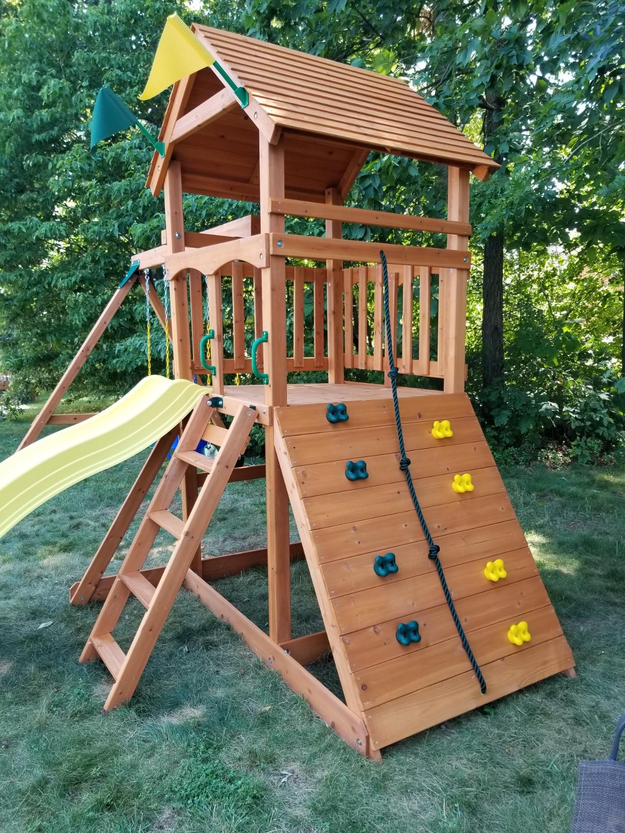 Gorilla Playsets 01-1063-Y Outing Wood Swing Set with Wood Roof & Yellow Slide, Amber customer photo 2