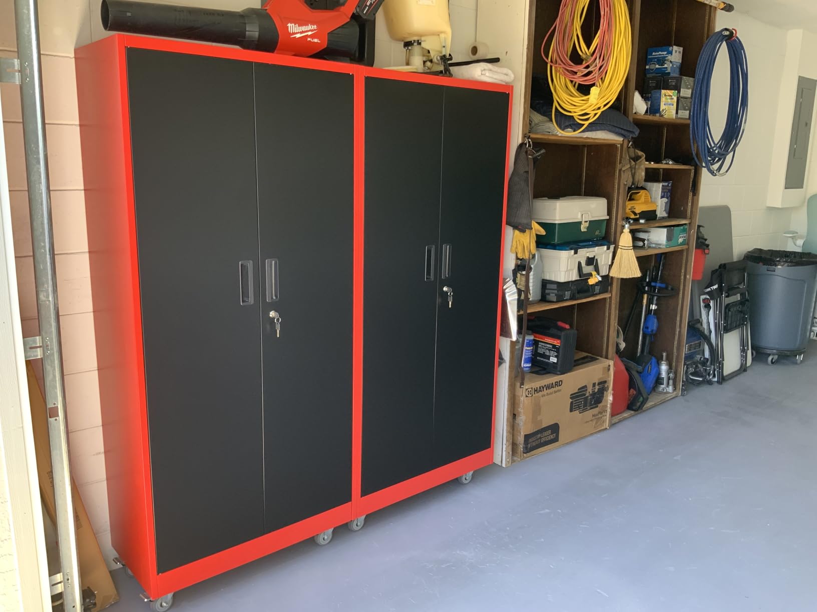 Aobabo Lockable Metal Garage Storage Cabinet with Wheels and Door Pegboard, 5 Adjustable Shelves for Tools, Workshop, Office and Home Utility Storage, Black, 16