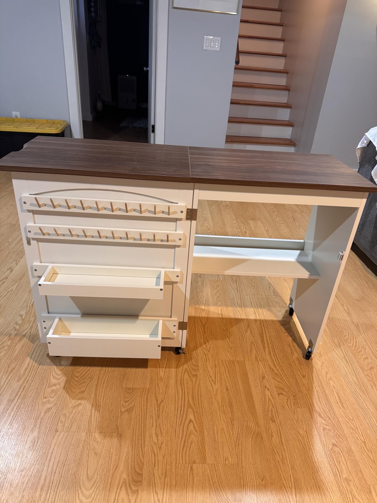 Best Choice Products Folding Sewing Table Multipurpose Craft Station & Side Desk with Compact Design, Wheels, Shelves, Storage Trays, Pegs, Magnetic Doors, Metal Doorknobs - White customer photo 1