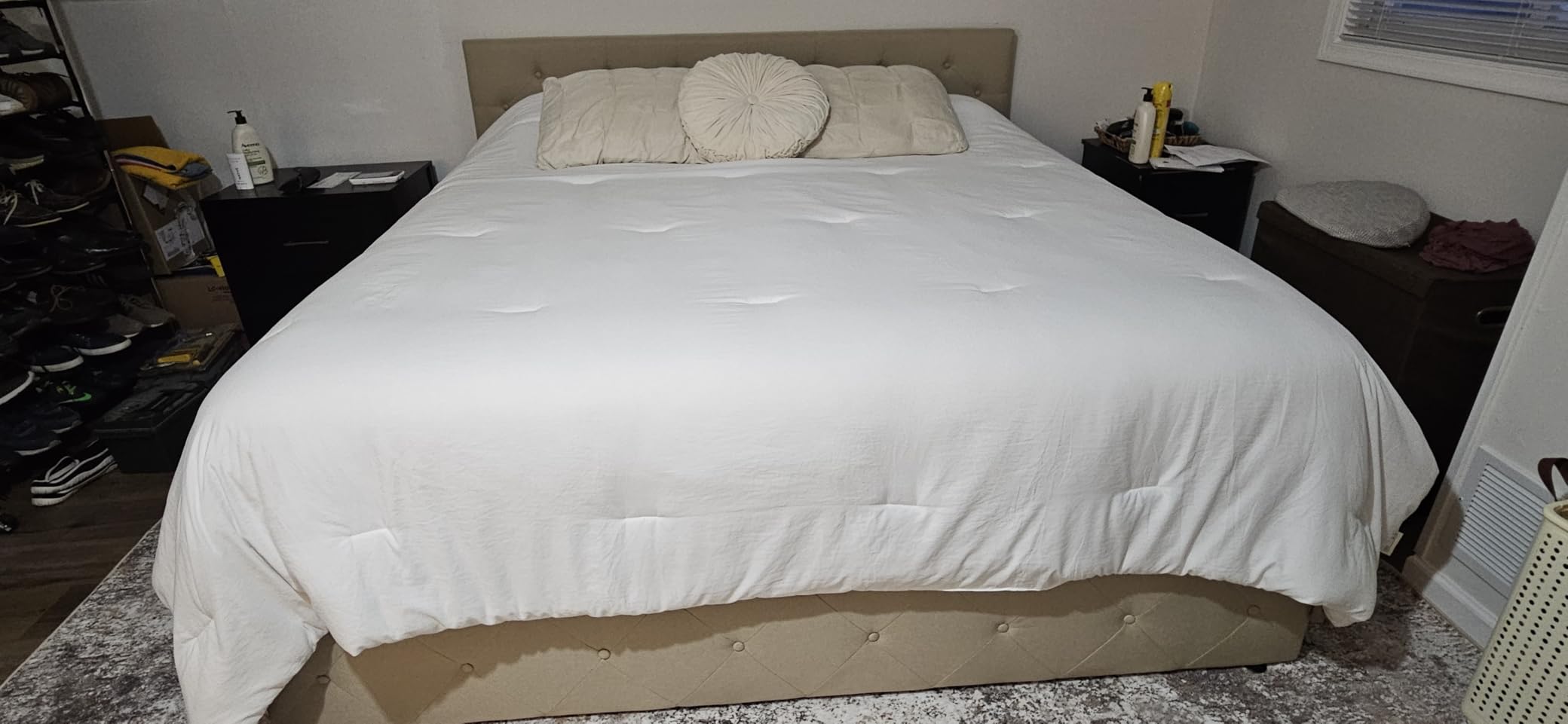 Allewie Upholstered Queen Size Platform Bed Frame with 4 Storage Drawers and Headboard, Square Stitched Button Tufted, Mattress Foundation with Wooden Slats Support, No Box Spring Needed, Light Grey customer photo 2