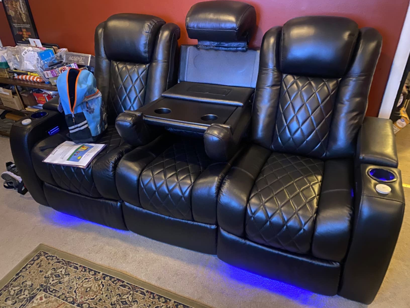 Valencia Home Theater Seating Tuscany 2025 3-Seat Power Recliner with Center Console - Top Grain Nappa 11000 Leather, Cool Gel Memory Foam, USB-C/A Charging, RGB Lights (Dark Chocolate) customer photo 2