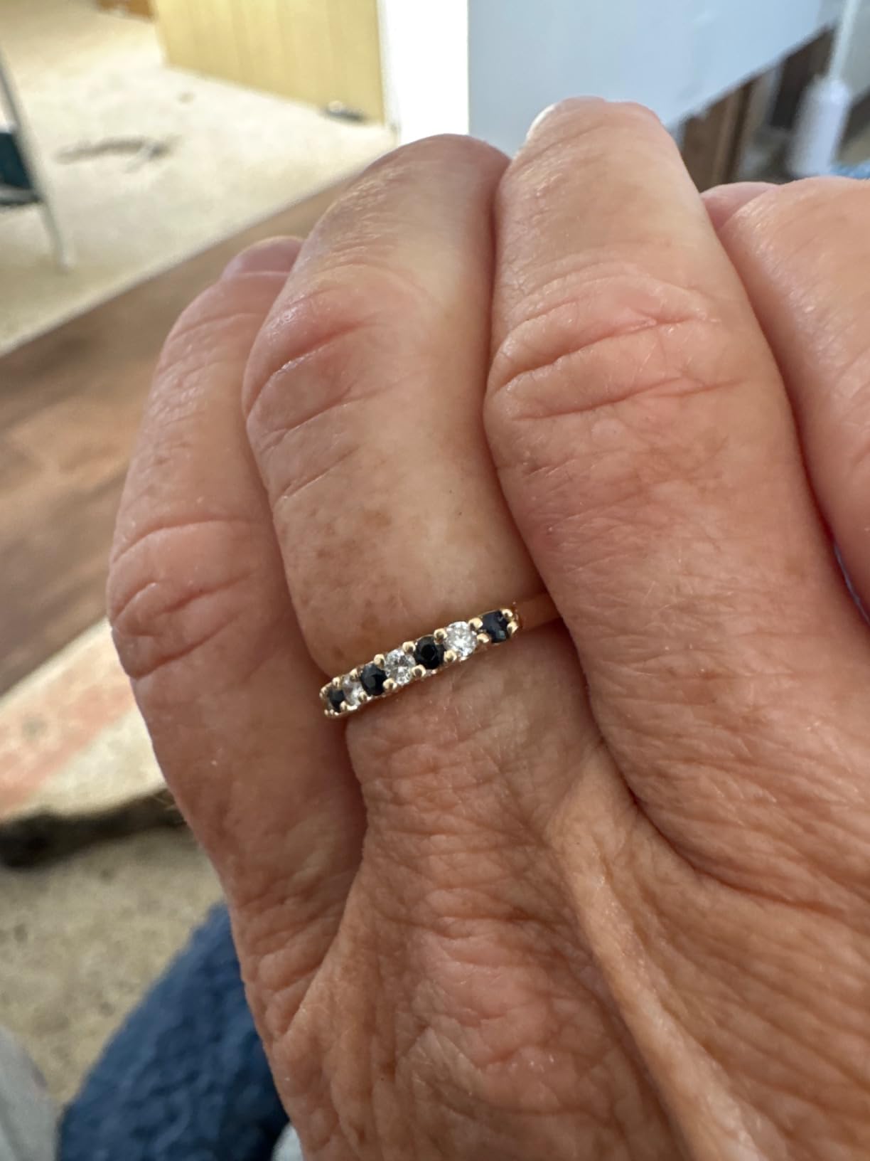 Solid 14k Yellow Gold 0.35 ctw Natural Blue Sapphire and Diamond Alternating Stackable Band Ring for Women, Handmade in USA customer photo 1