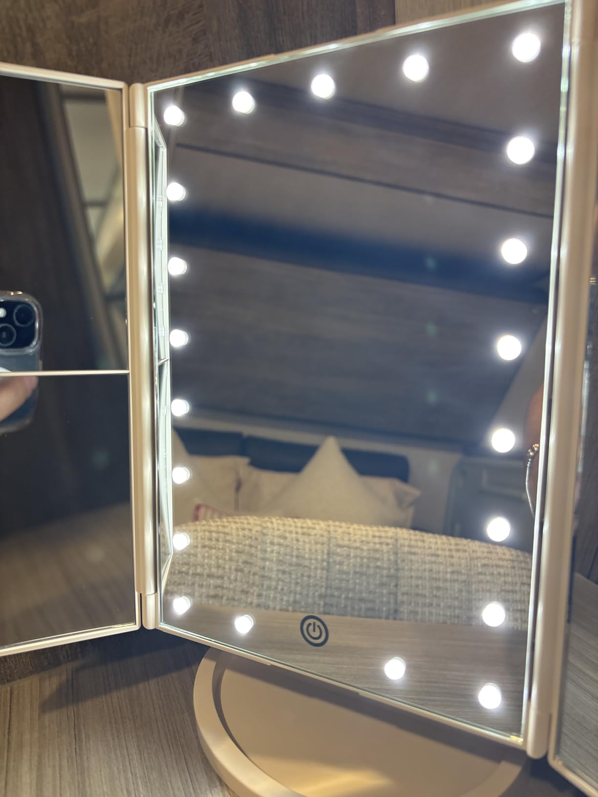 HUONUL Makeup Mirror, Vanity Mirror with Lights, 2X/3X/10X Magnification, Touch Control, Trifold, Dual Power Supply customer photo 2
