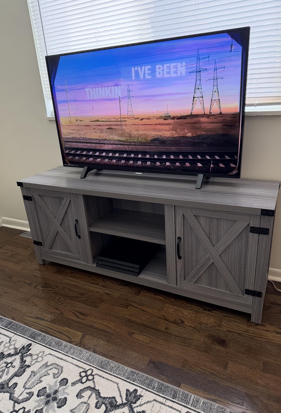 YESHOMY Modern Farmhouse TV Stand with Two Barn Doors and Storage Cabinets for Televisions up to 65+ Inch, Entertainment Center Console Table, Media Furniture for Living Room, 58 Inch, Gray Wash customer photo 1