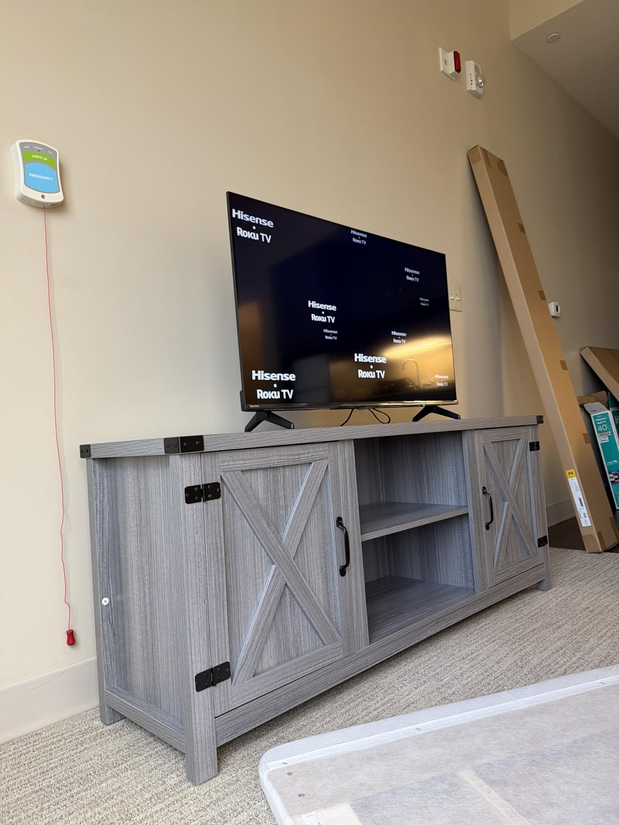 YESHOMY Modern Farmhouse TV Stand with Two Barn Doors and Storage Cabinets for Televisions up to 65+ Inch, Entertainment Center Console Table, Media Furniture for Living Room, 58 Inch, Gray Wash customer photo 2
