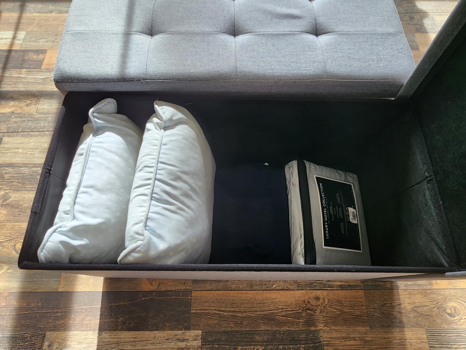 SONGMICS MAZIE Collection - 43 Inches Folding Storage Ottoman Bench, Ottoman Foot Rest, End of Bed Bench, Storage Chest, Load 660 lb, for Living Room, Bedroom, Entryway, Ink Black ULSF077B01 customer photo 1