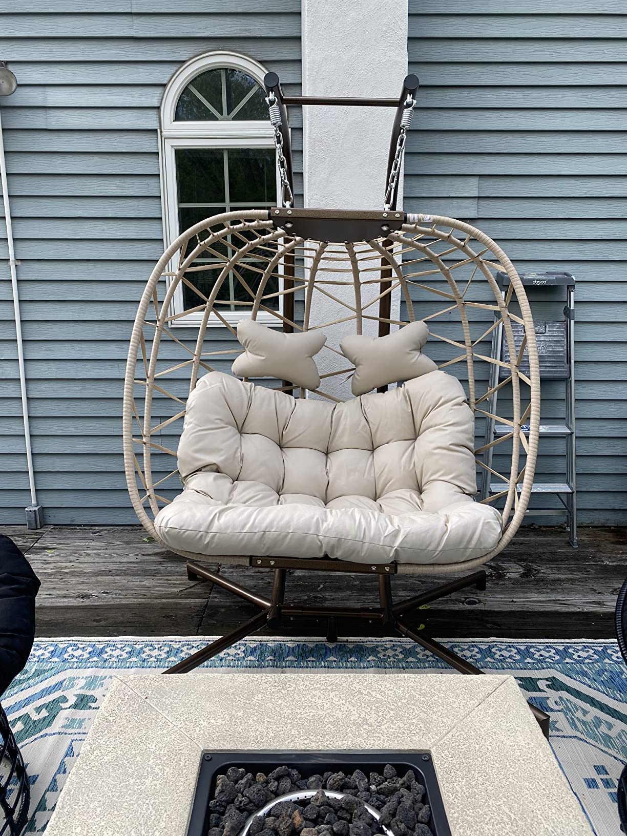 RADIATA Egg Chair Outdoor with Stand, 350 Lbs Heavy Duty Hanging Egg Chair with Padded Cushion, Foldable UV-Resistant Rattan Swing Hammock for Patio Backyard Balcony Pergola Garden Indoor, Beige customer photo 2