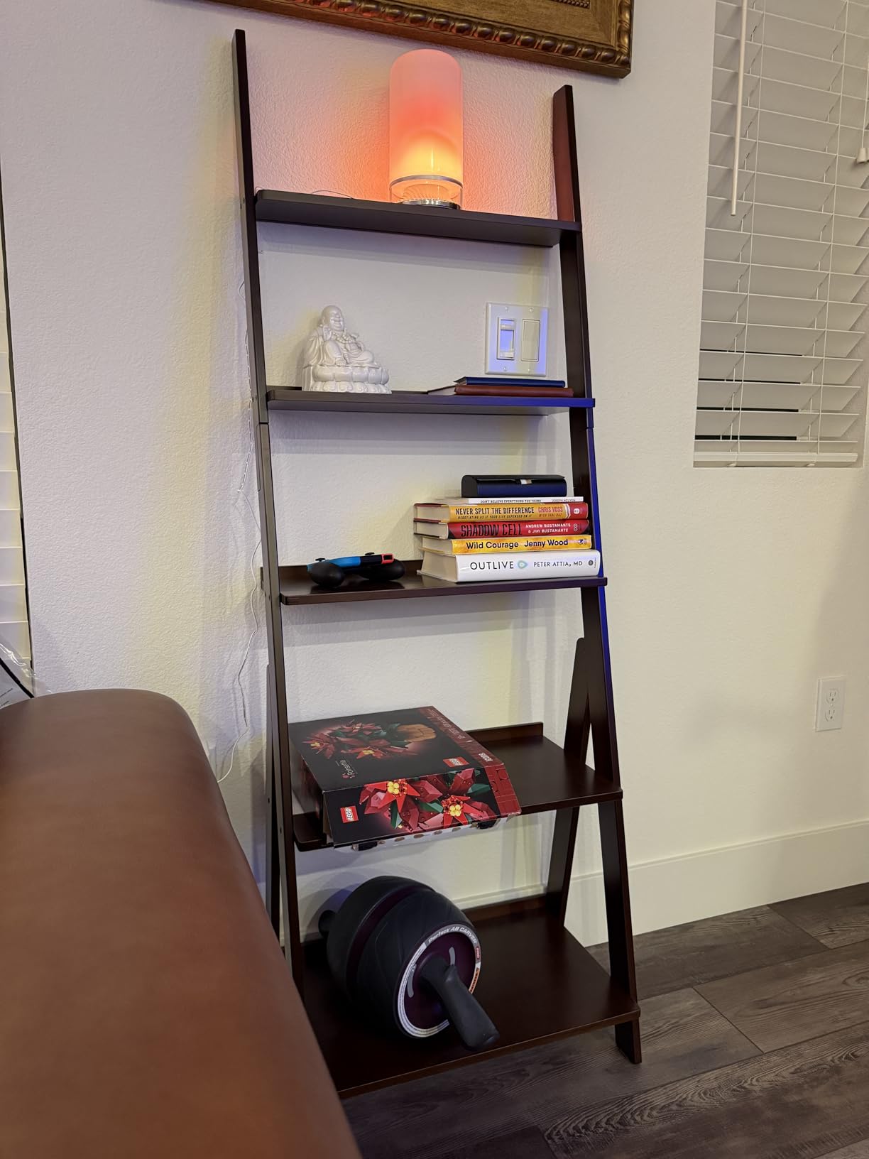 Maydear Bamboo Ladder Shelf Bookcase, 5-Tier Leaning Bookshelf Free Standing Organizer Storage Shelves for Living Room, Bedroom, Kitchen, Home Office, Balcony, Natural Wood customer photo 2