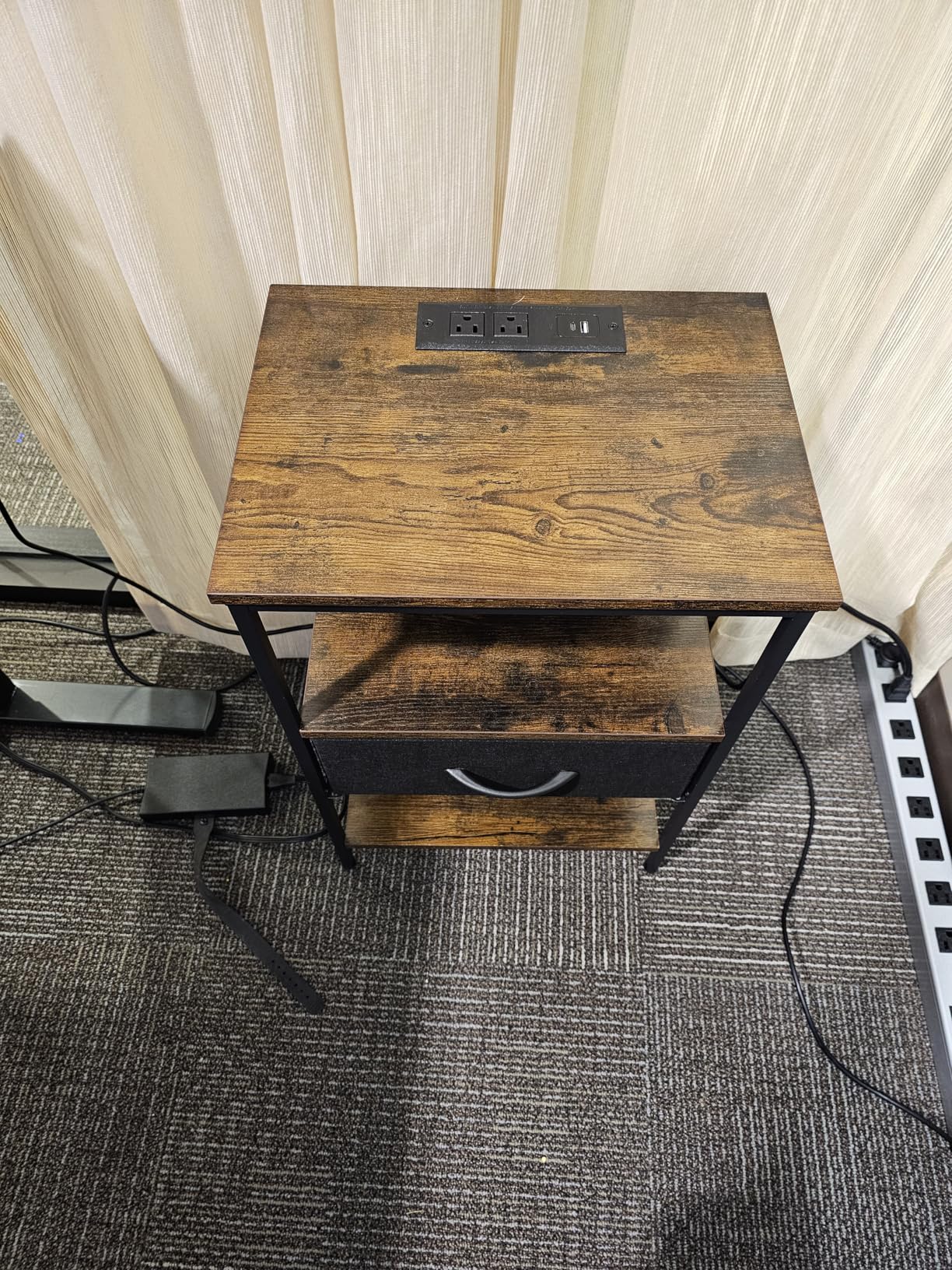 SUPERJARE Nightstand with Charging Station, Bed Side Table with Adjustable Fabric Drawer, Night Stand for Bedroom, 3-Tier Storage End Table, for Living Room, Rustic Brown and Black customer photo 1
