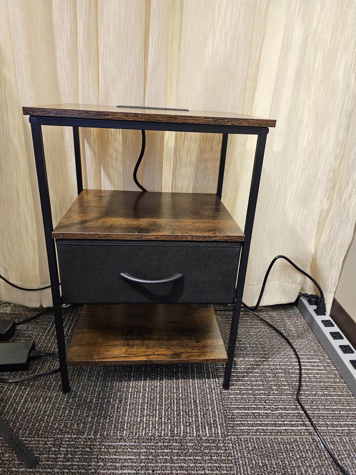 SUPERJARE Nightstand with Charging Station, Bed Side Table with Adjustable Fabric Drawer, Night Stand for Bedroom, 3-Tier Storage End Table, for Living Room, Rustic Brown and Black customer photo 2