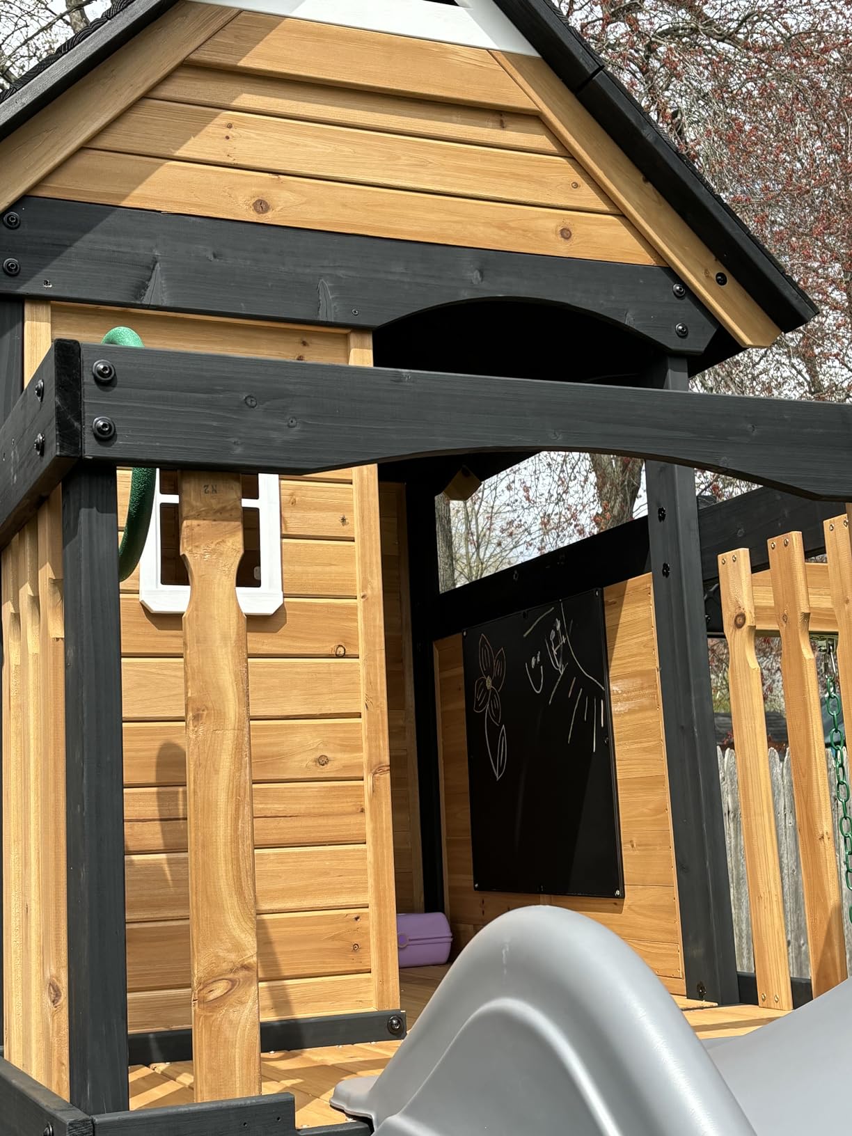 Backyard Discovery Canyon Creek Cedar Wood Swing Set with Wave Slide, Clubhouse, Play Kitchen, Picnic Area, Belt Swings, Web Swing, Rock Wall, Balconies, Playhouse, Step Ladder, Outdoor Playset customer photo 2