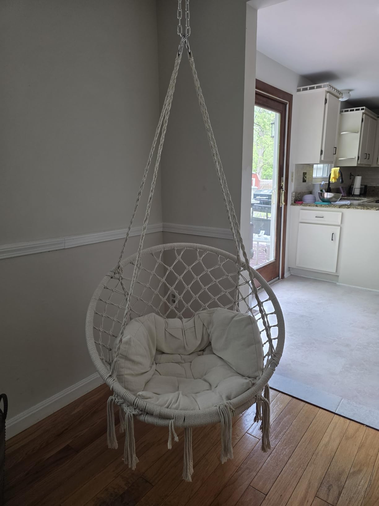 KROFEM Hammock Chair Swing Chair with Boho Medium Cushion, Macrame Hanging Chair for Bedroom, Indoor, Outdoor, Balcony, Porch, Beige customer photo 2