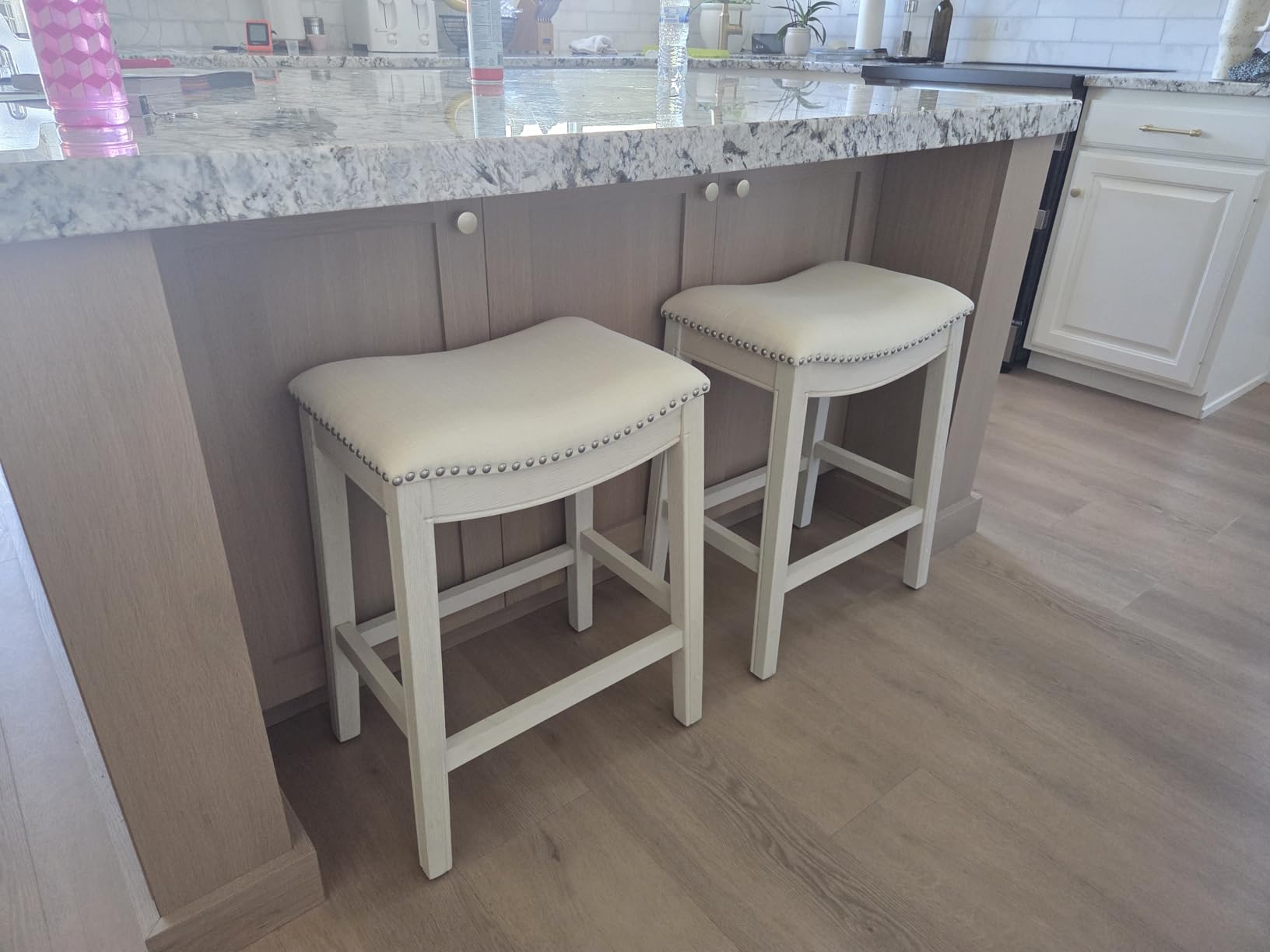 Maven Lane Adrien Backless Counter Stool - 26 Inches - Saddle Stool with Footrest - Grey Solid Wood Frame & Grey Fabric Upholstery - Perfect for Kitchen Islands & Counters customer photo 1