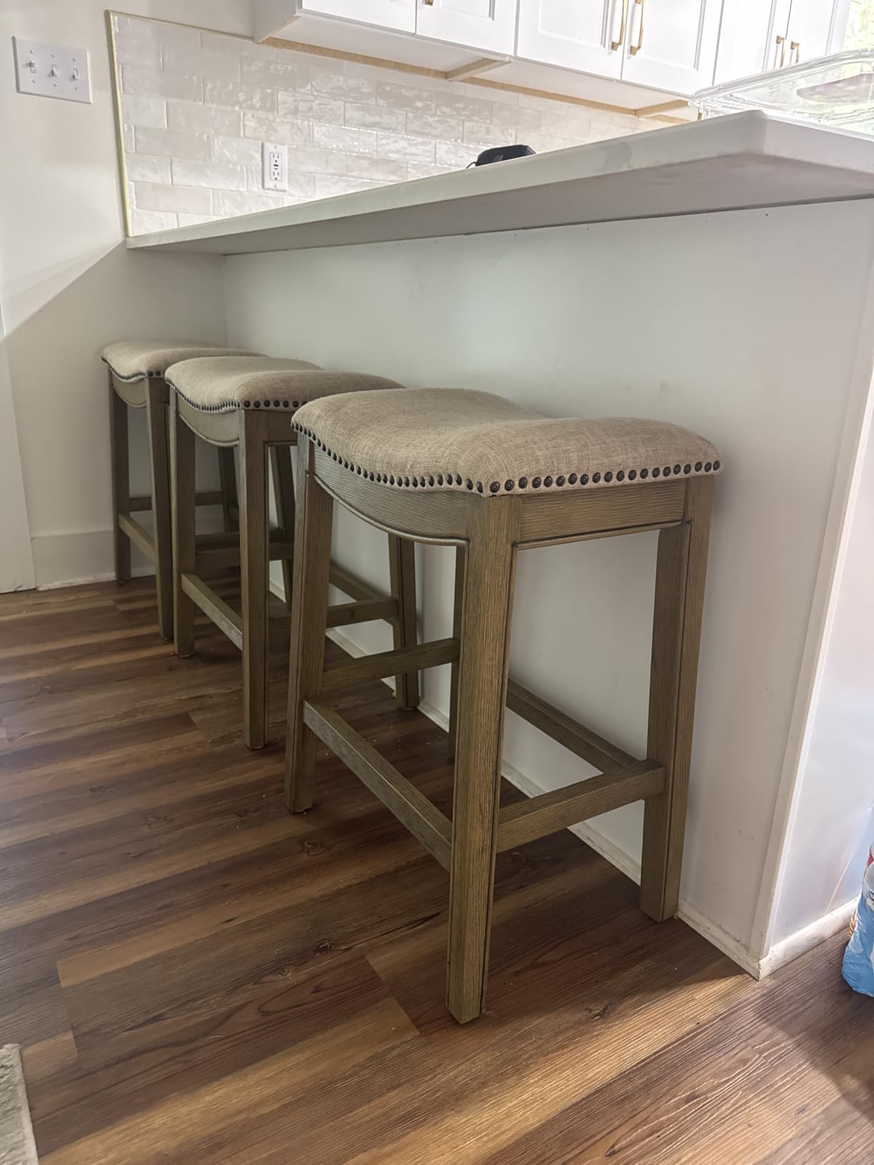 Maven Lane Adrien Backless Counter Stool - 26 Inches - Saddle Stool with Footrest - Grey Solid Wood Frame & Grey Fabric Upholstery - Perfect for Kitchen Islands & Counters customer photo 2