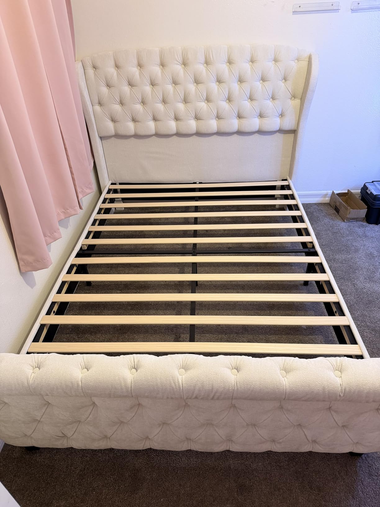 AMERLIFE Queen Size Platform Bed Frame, Chenille Upholstered Sleigh Bed with Scroll Wingback Headboard & Footboard/Button Tufted/No Box Spring Required/Cream customer photo 1
