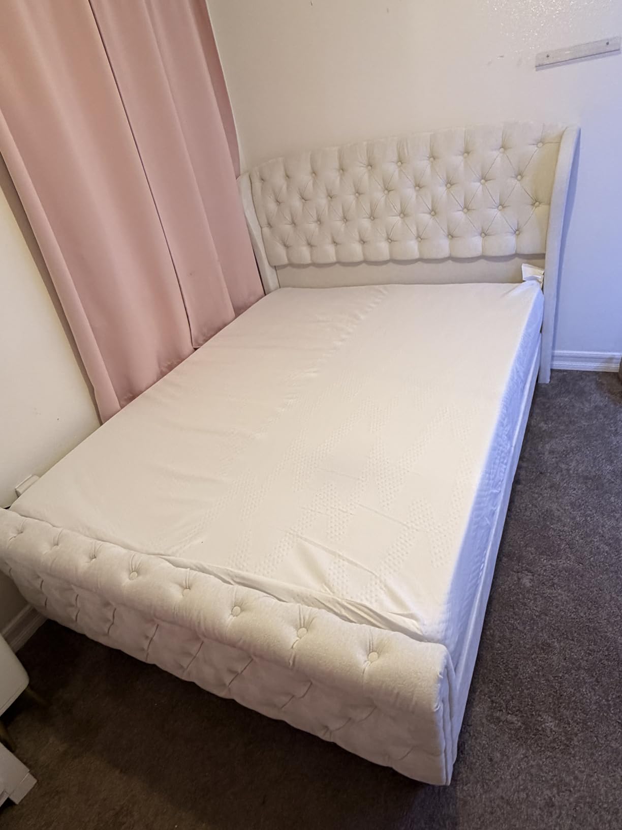 AMERLIFE Queen Size Platform Bed Frame, Chenille Upholstered Sleigh Bed with Scroll Wingback Headboard & Footboard/Button Tufted/No Box Spring Required/Cream customer photo 2