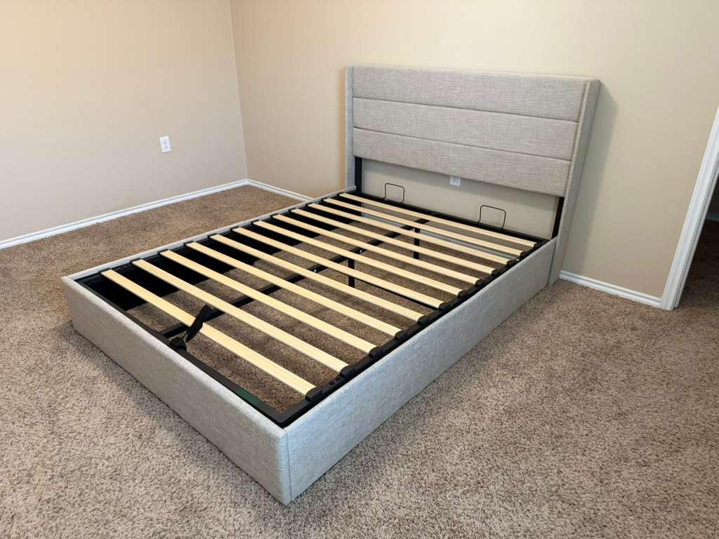 Allewie Full Size Lift Up Storage Bed, Modern Wingback Headboard, Hydraulic Support, No Box Spring Needed, Light Beige customer photo 1