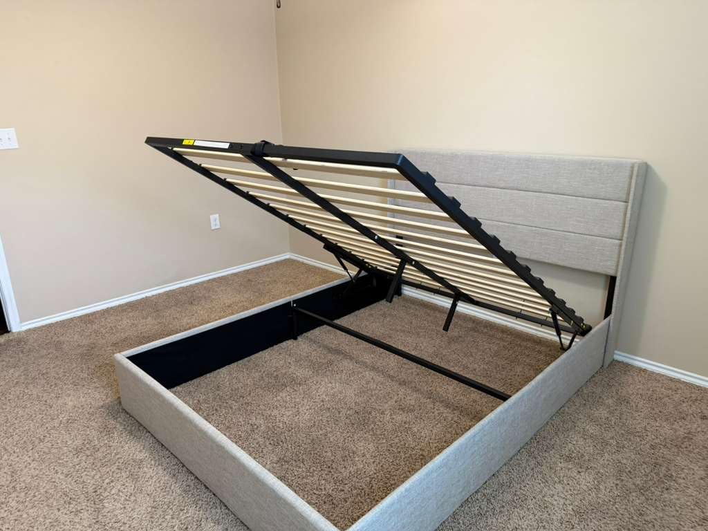 Allewie Full Size Lift Up Storage Bed, Modern Wingback Headboard, Hydraulic Support, No Box Spring Needed, Light Beige customer photo 2