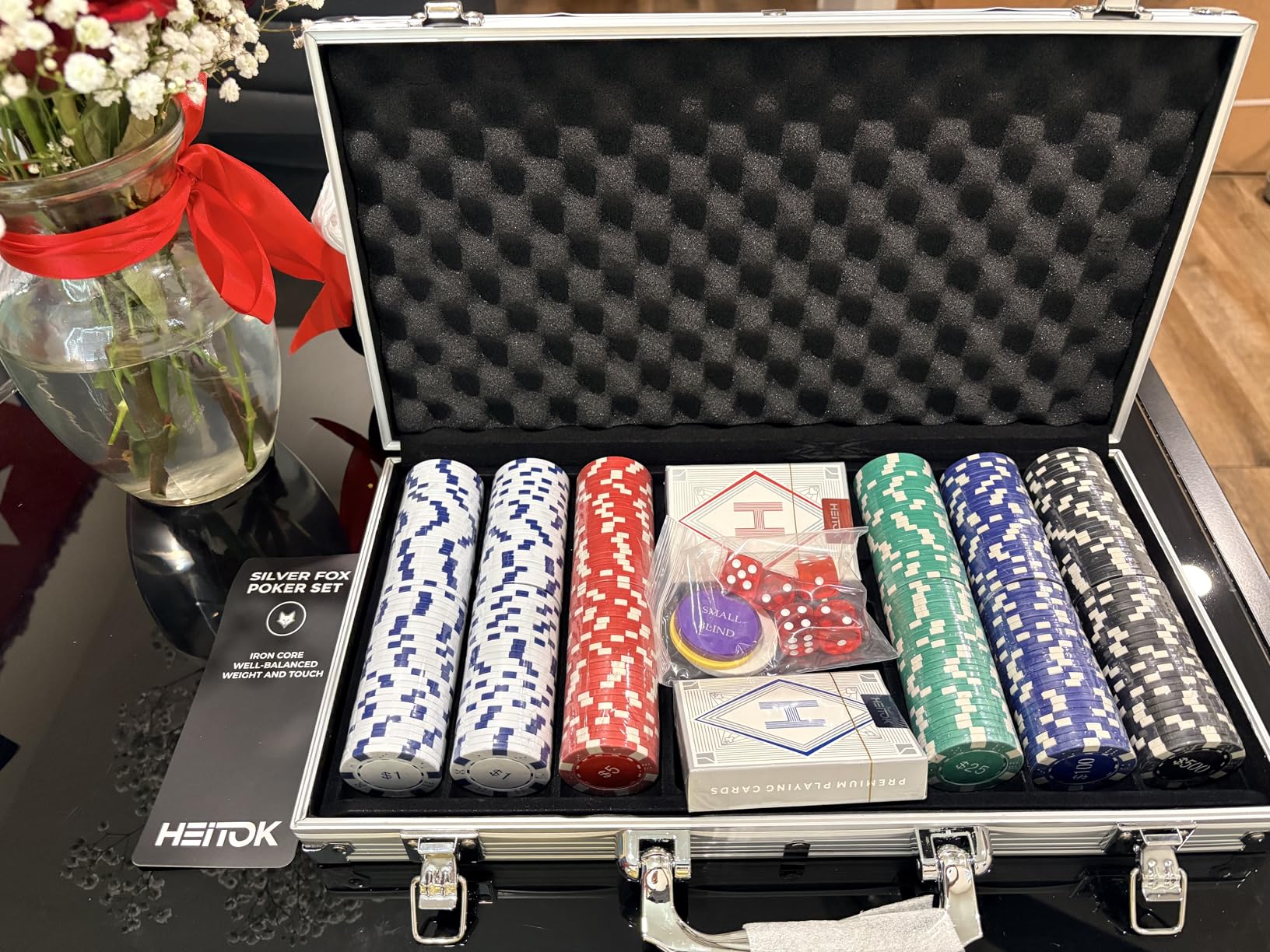 HEITOK 500pcs Numbered Poker Chip Set - 11.5g Heavyweight Casino Grade Poker Chips with Aluminum Case, 2 Decks, Dealer Buttons for Texas Hold'em & Blackjack, Game Night Kit customer photo 1