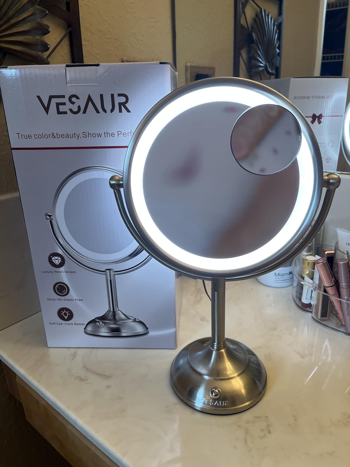 5000mAh Rechargeable Wall Mounted Lighted Makeup Vanity Mirror Double Sided 1X 30X Magnifying Bathroom Mirror, 3 Color Lighting, Touch Dimming, Extended Arm 360 Rotation, Antique Bronze customer photo 1
